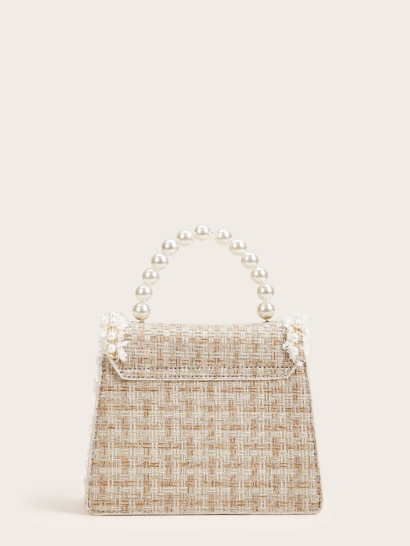 Tweed Shoulder Bag with Faux Pearl Decoration