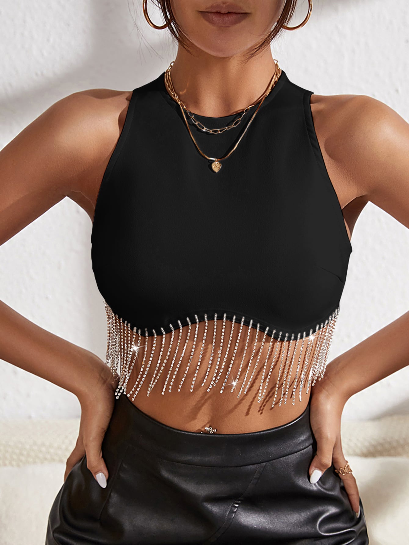 TRENDING Tank Top with Rhinestones, Fringes, Zipper at the Back