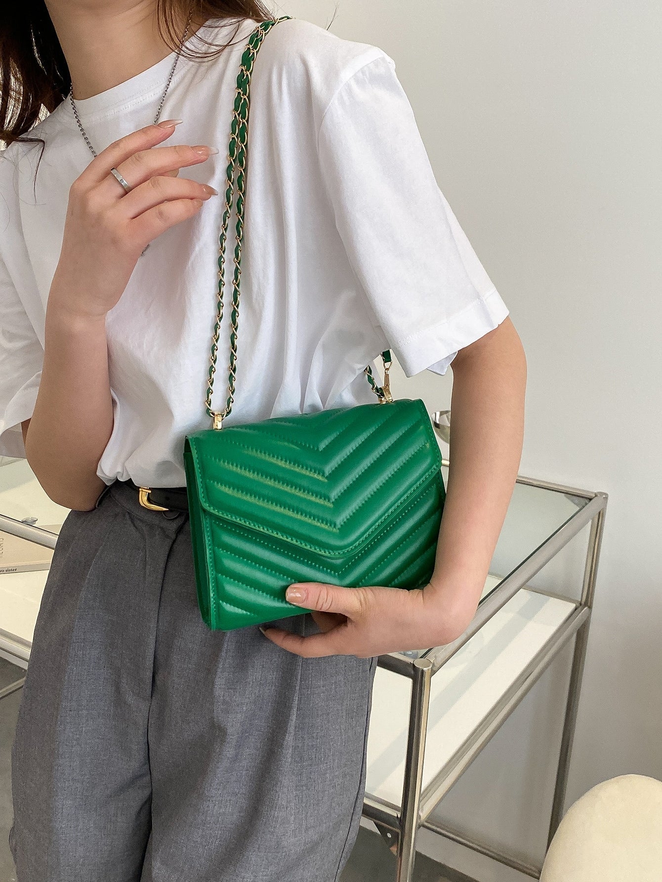 Square Bag with Chevron Snap Button