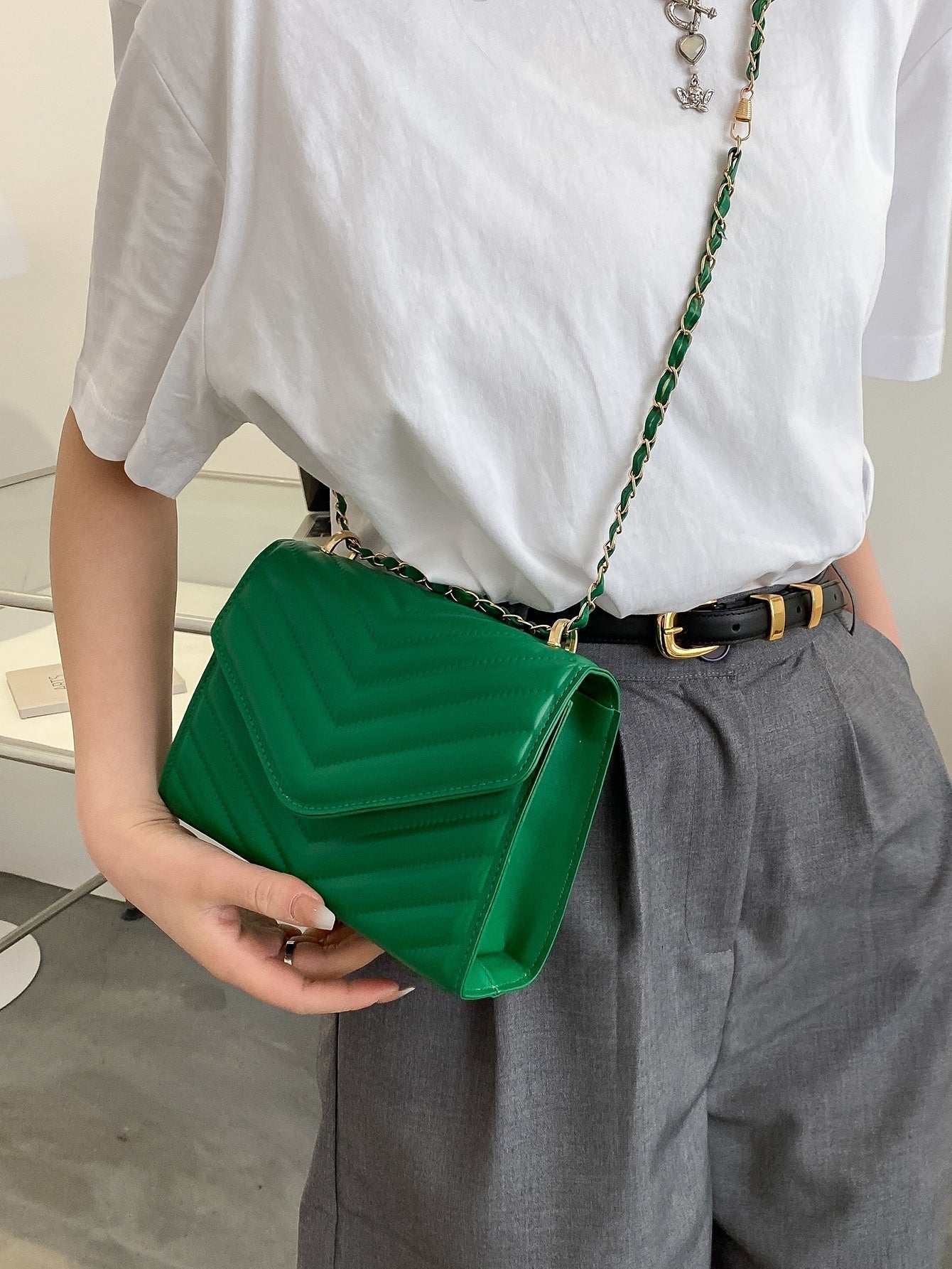 Square Bag with Chevron Snap Button