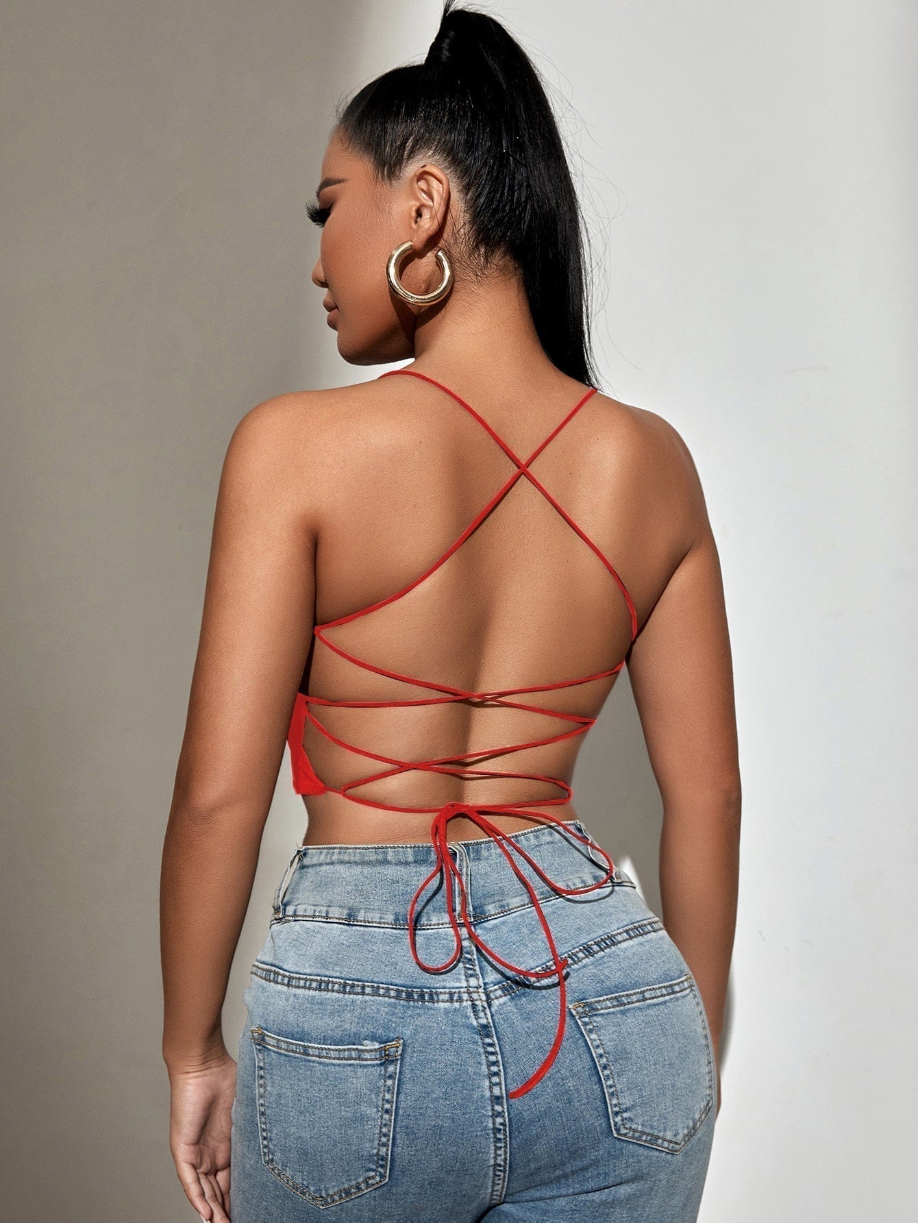 Backless Crop Cami Top with Ribbon