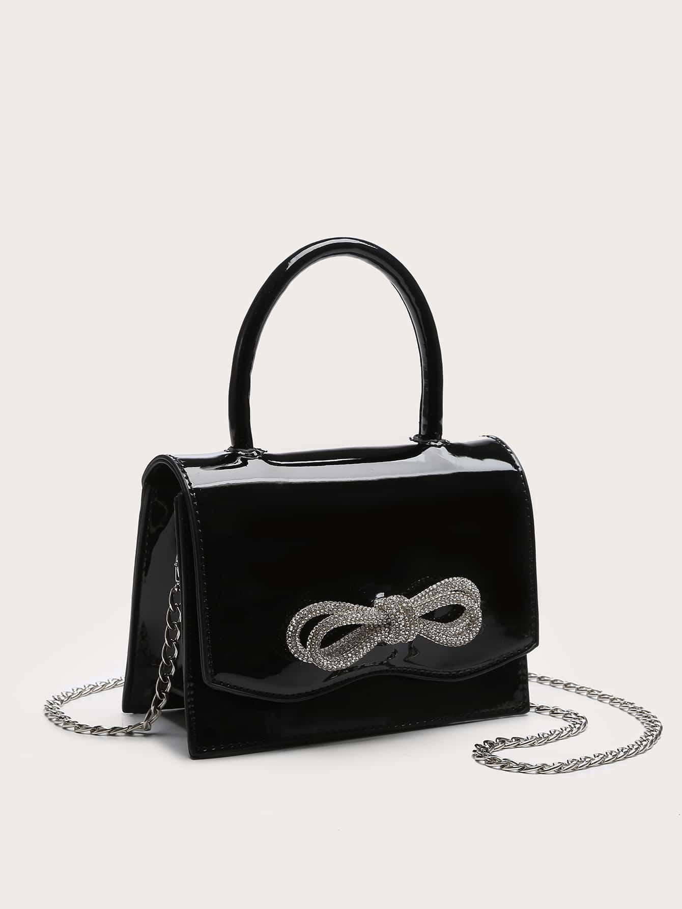 Square Bag with Mini Rhinestones and Bow Decor, PU Flap, for Daily Use
