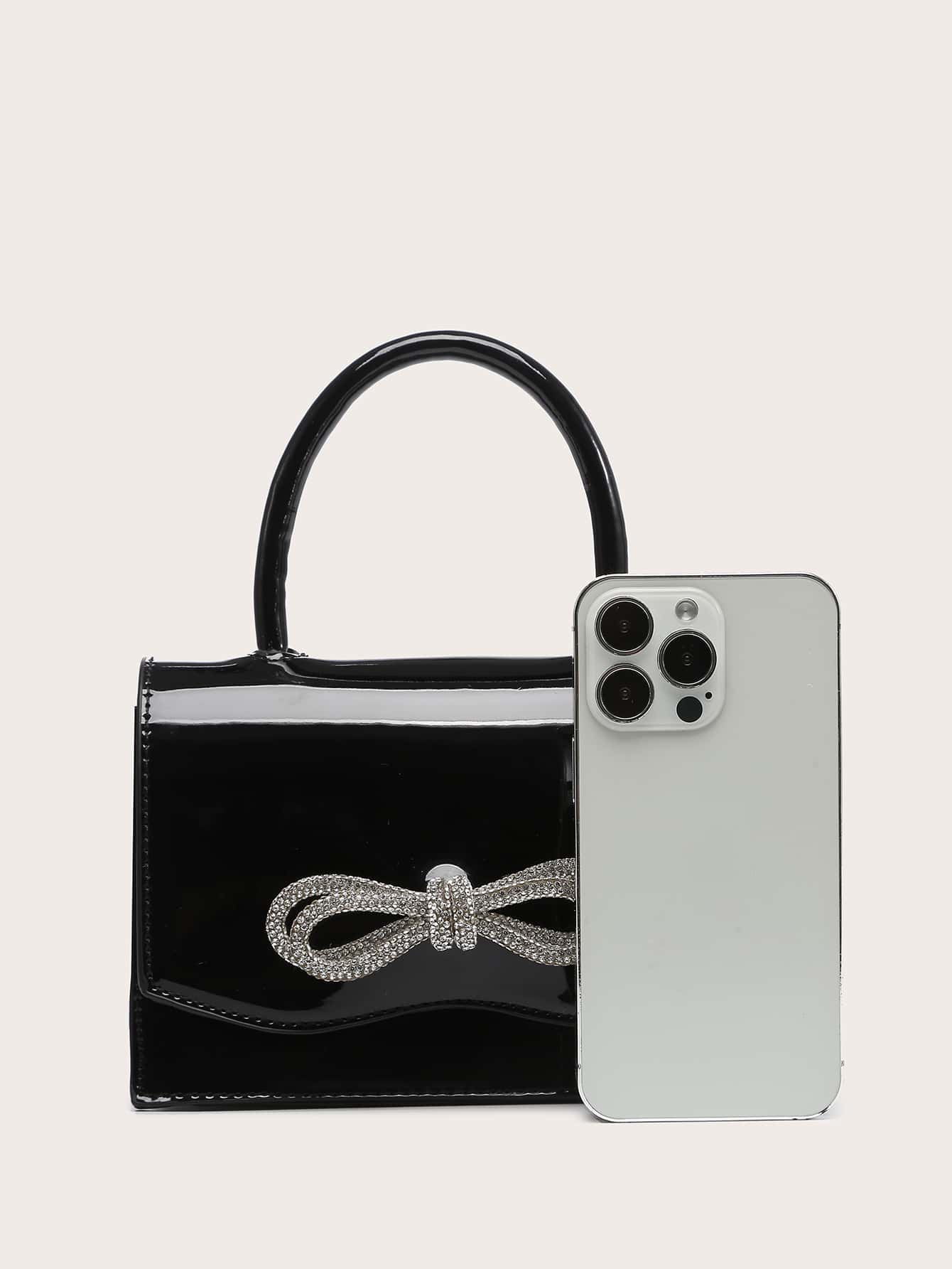 Square Bag with Mini Rhinestones and Bow Decor, PU Flap, for Daily Use