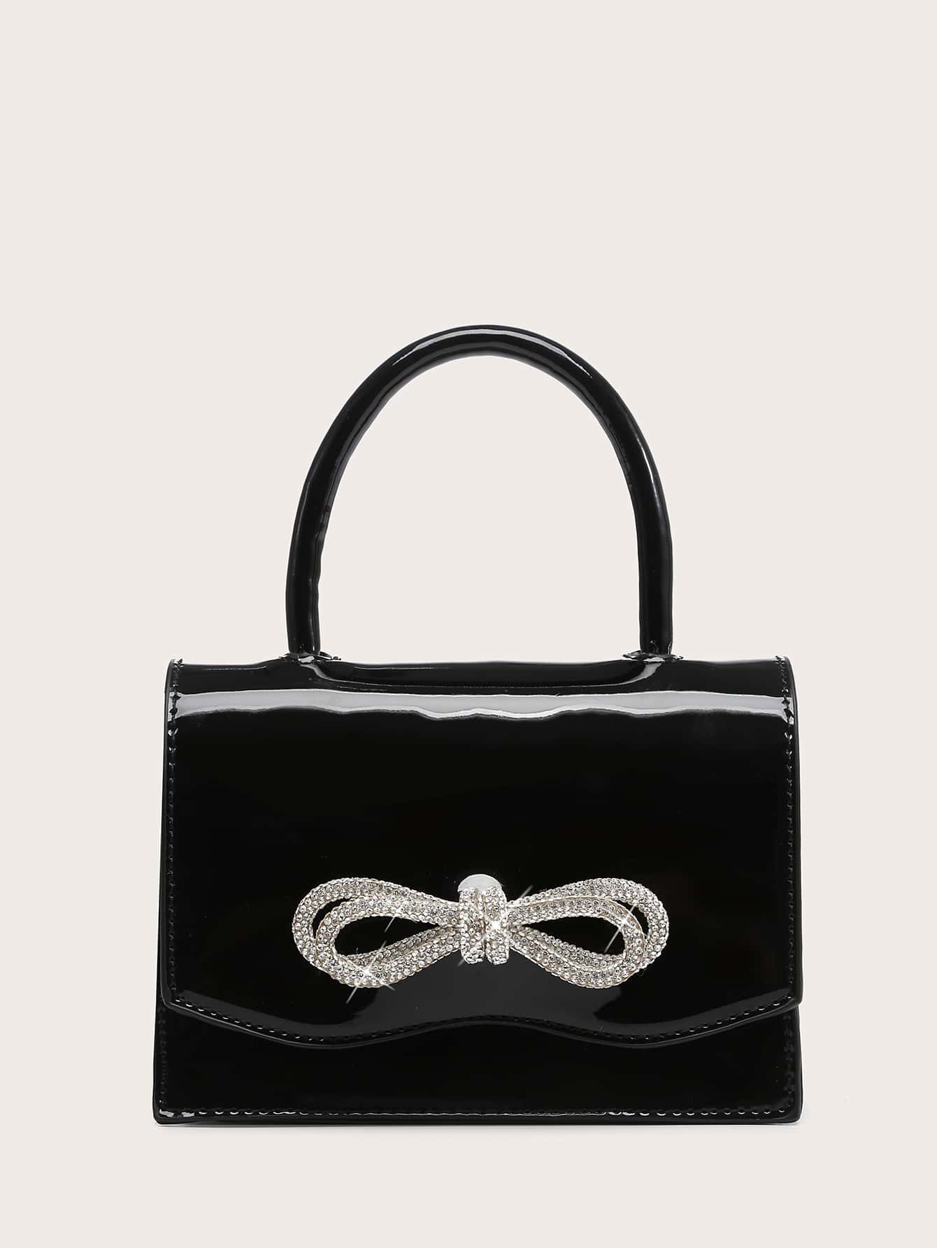 Square Bag with Mini Rhinestones and Bow Decor, PU Flap, for Daily Use