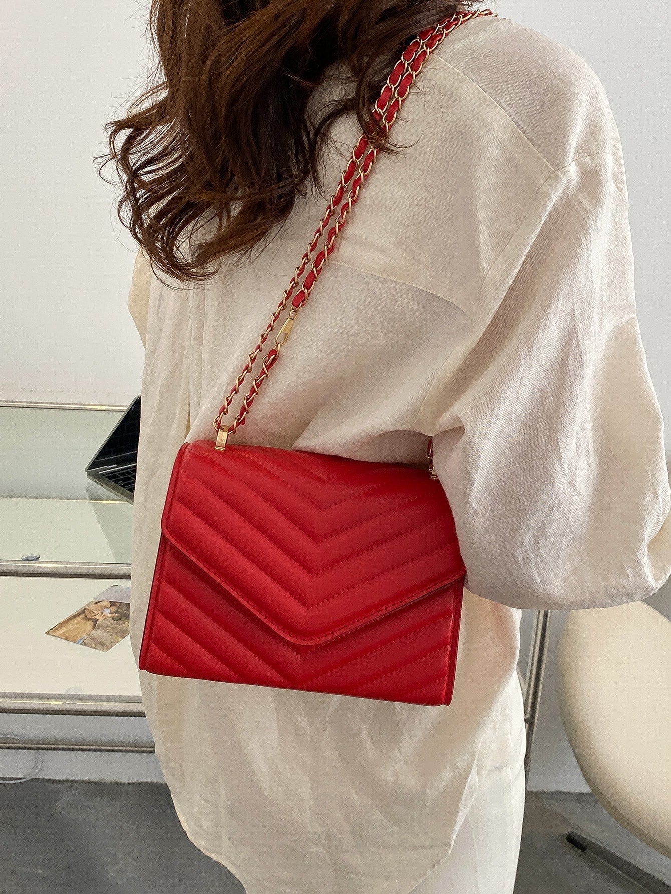 Square Bag with Chevron Snap Button