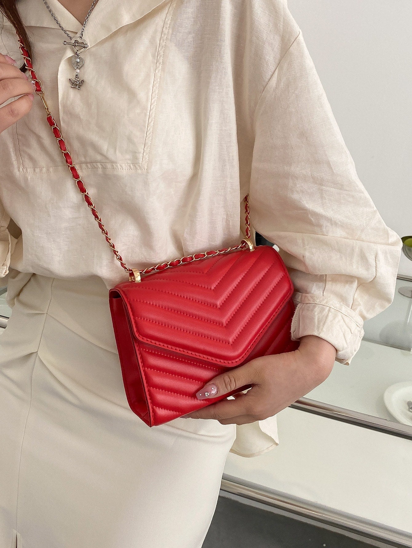 Square Bag with Chevron Snap Button