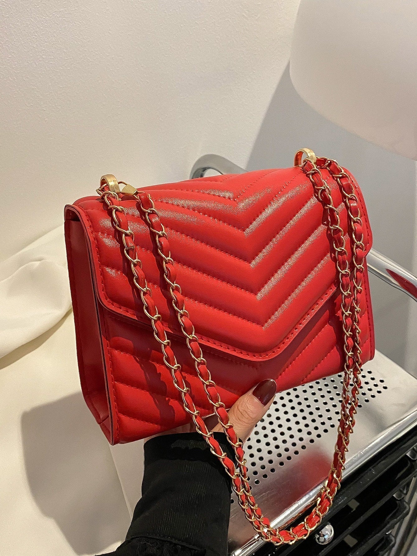 Square Bag with Chevron Snap Button