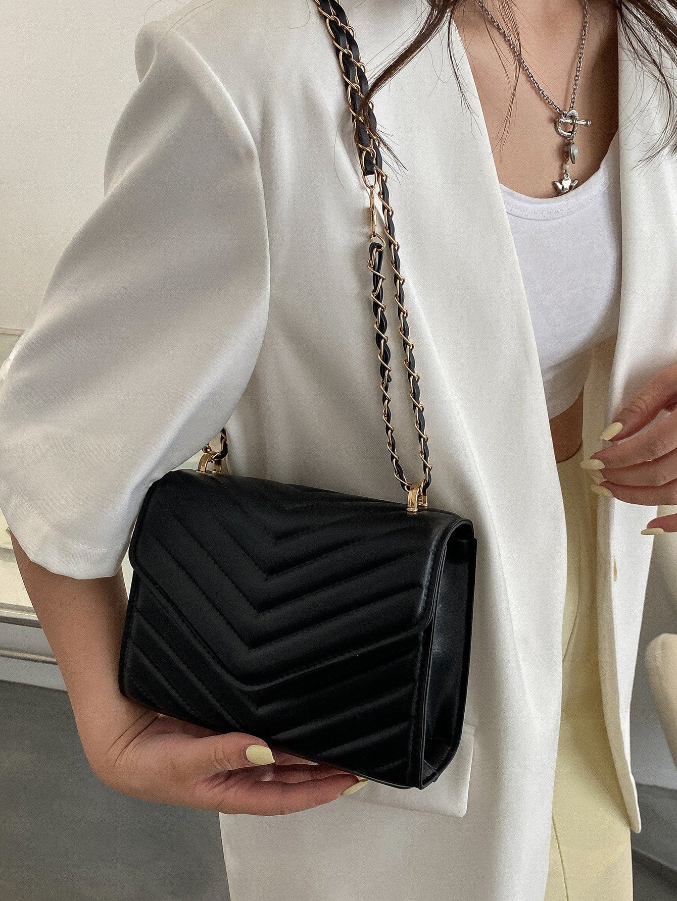 Square Bag with Chevron Snap Button