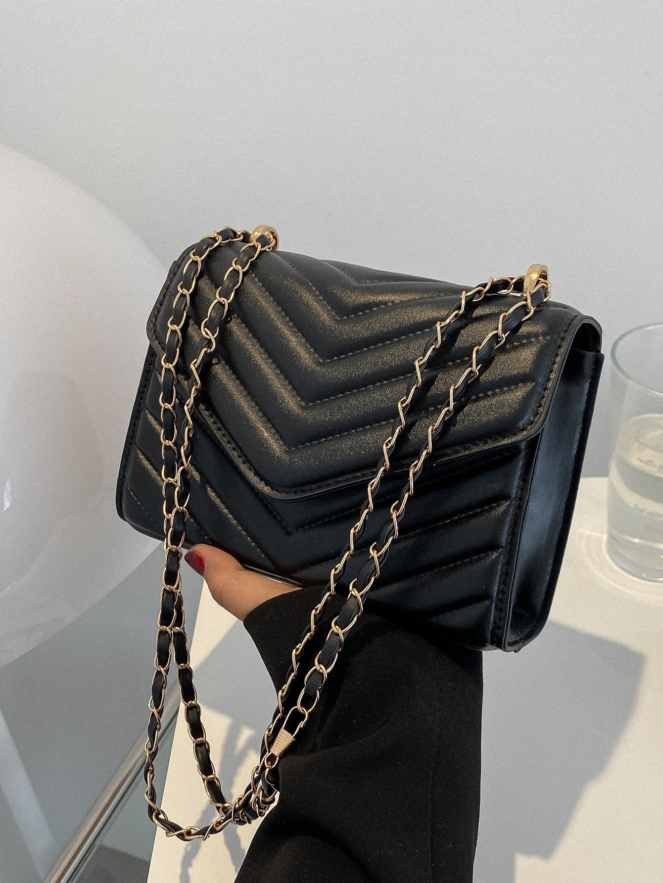 Square Bag with Chevron Snap Button
