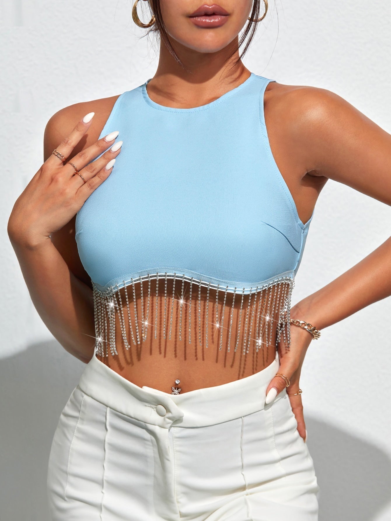 TRENDING Tank Top with Rhinestones, Fringes, Zipper at the Back