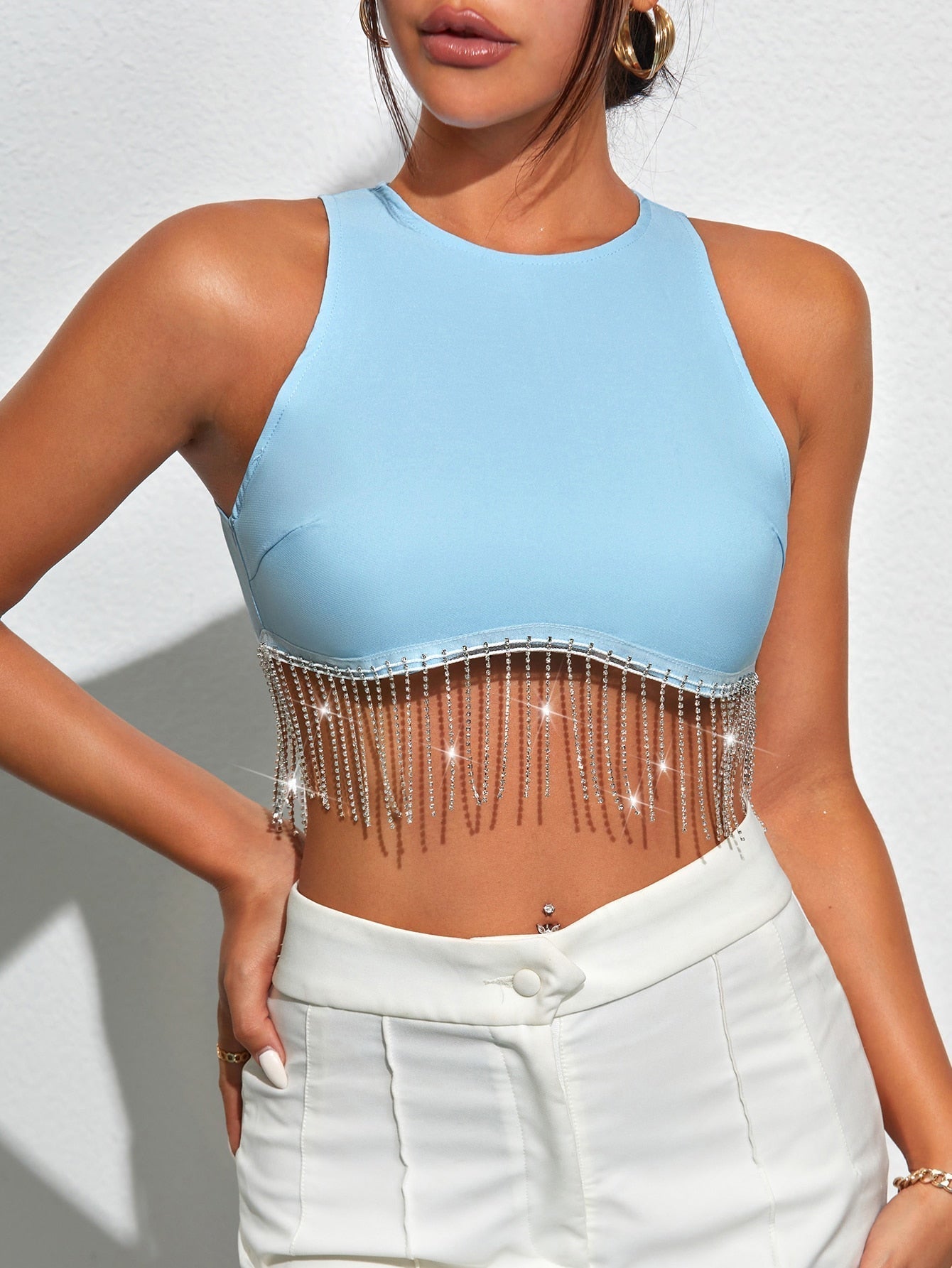 TRENDING Tank Top with Rhinestones, Fringes, Zipper at the Back