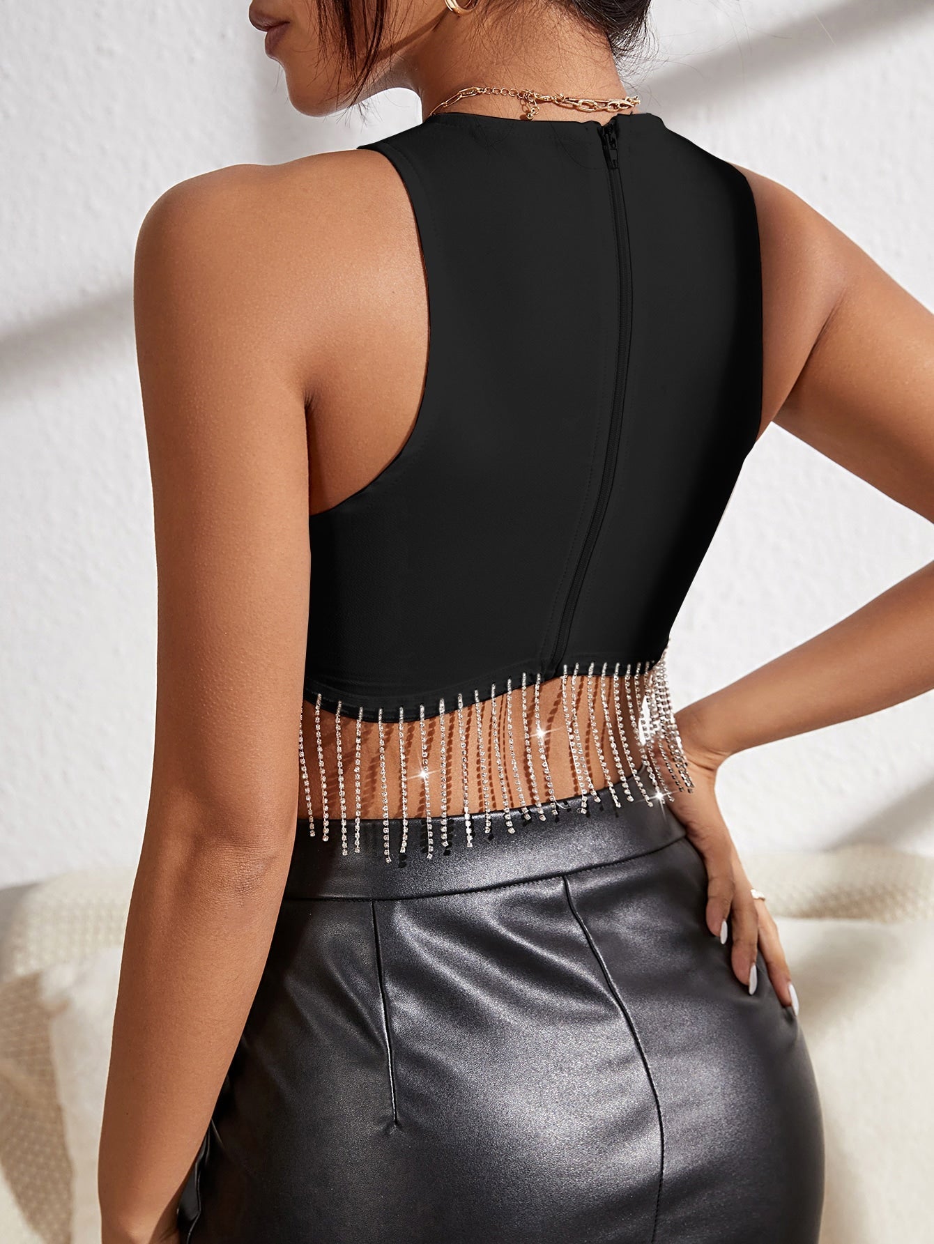 TRENDING Tank Top with Rhinestones, Fringes, Zipper at the Back