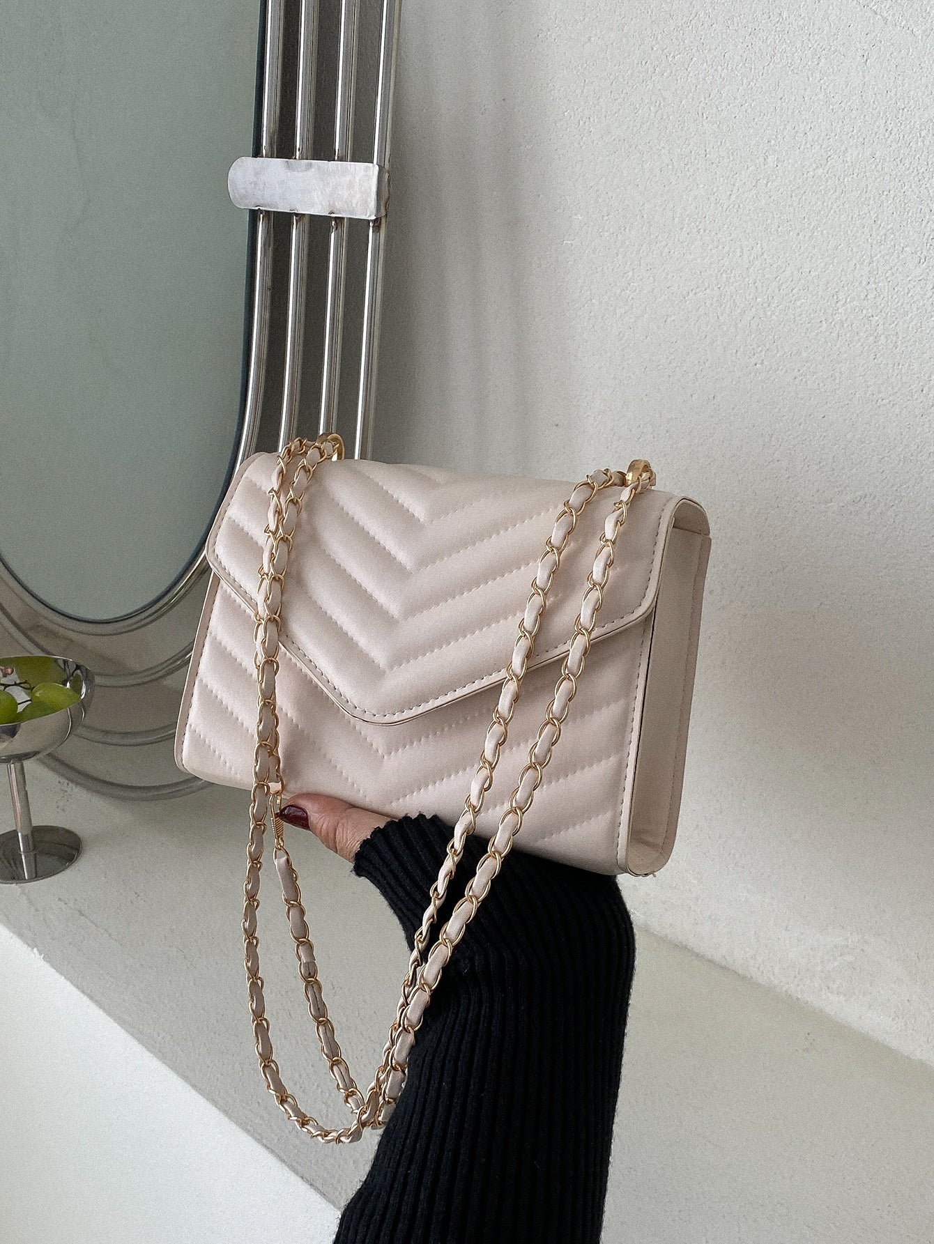 Square Bag with Chevron Snap Button