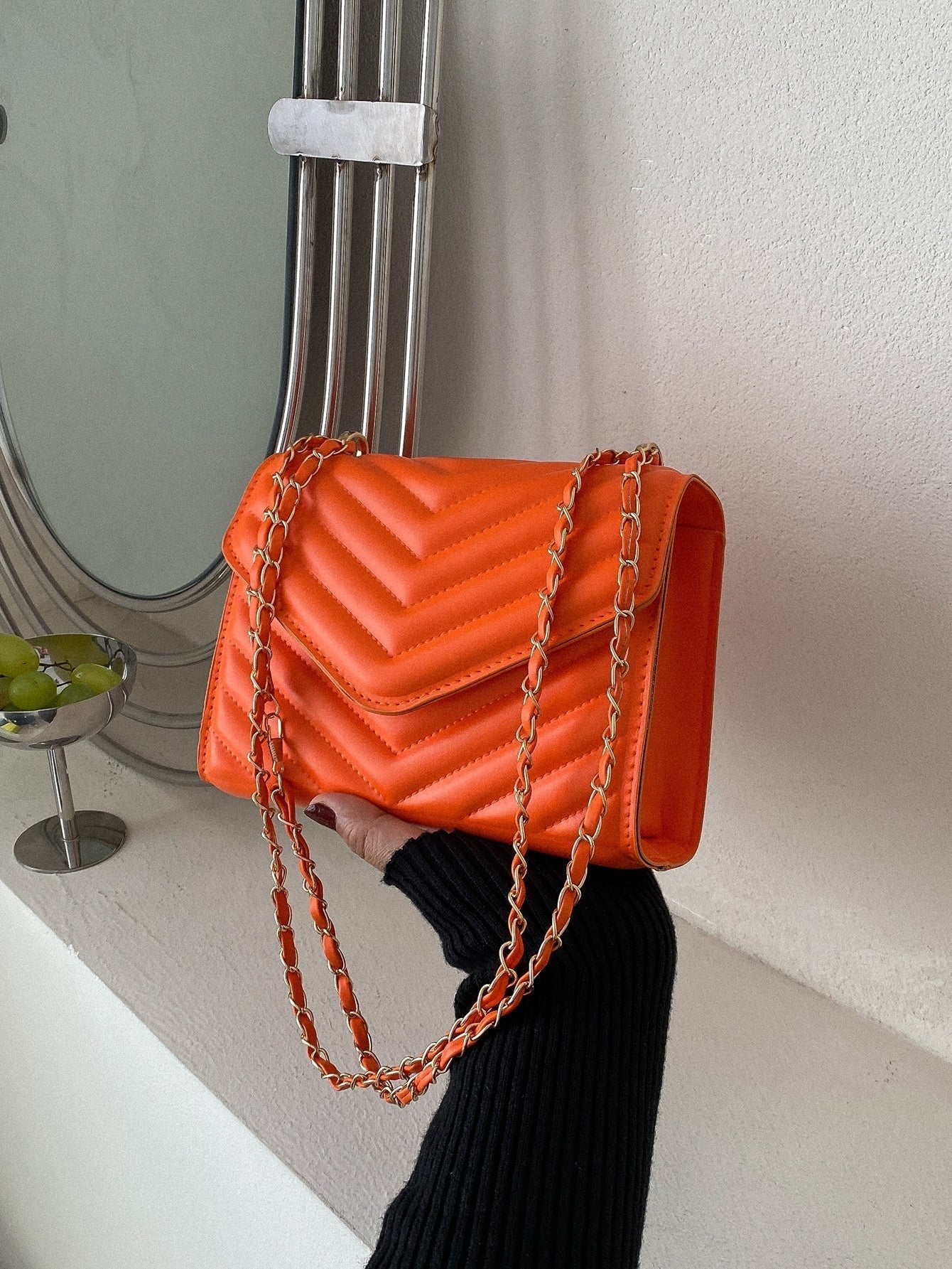 Square Bag with Chevron Snap Button
