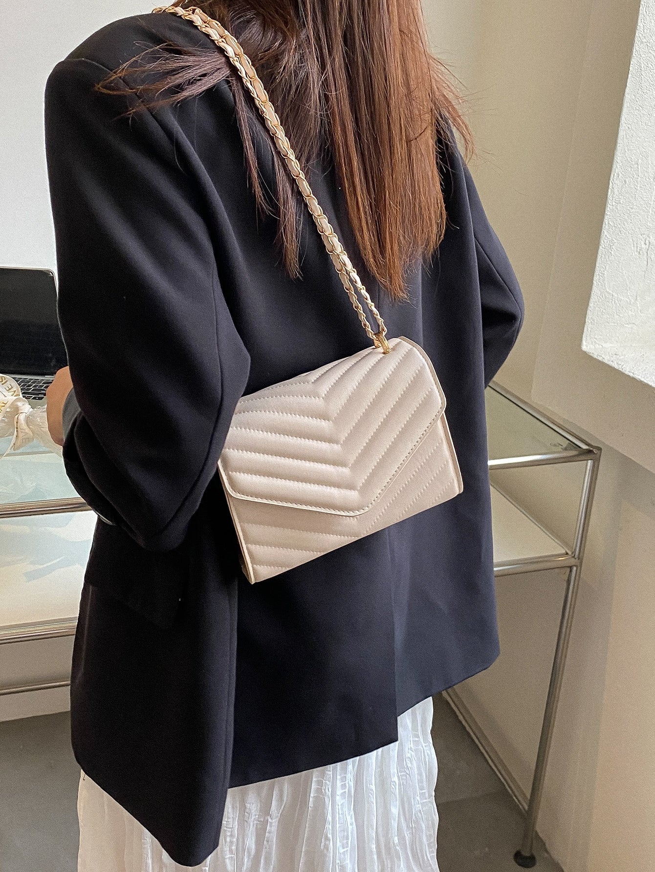 Square Bag with Chevron Snap Button