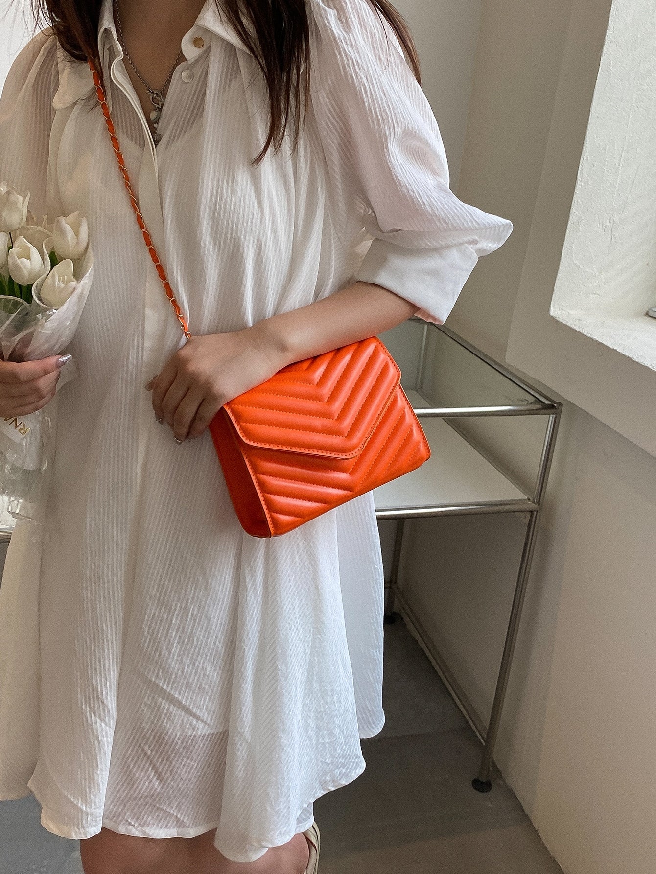 Square Bag with Chevron Snap Button