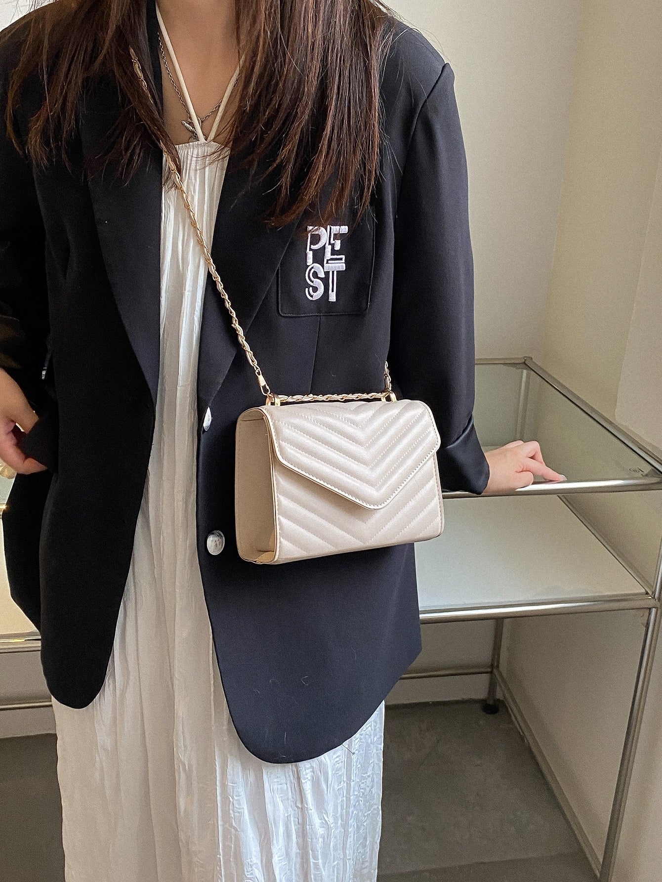 Square Bag with Chevron Snap Button