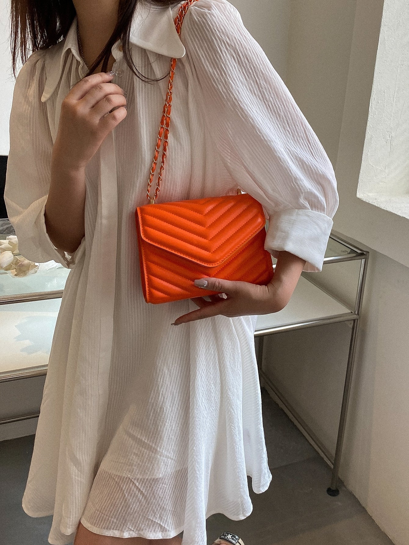 Square Bag with Chevron Snap Button