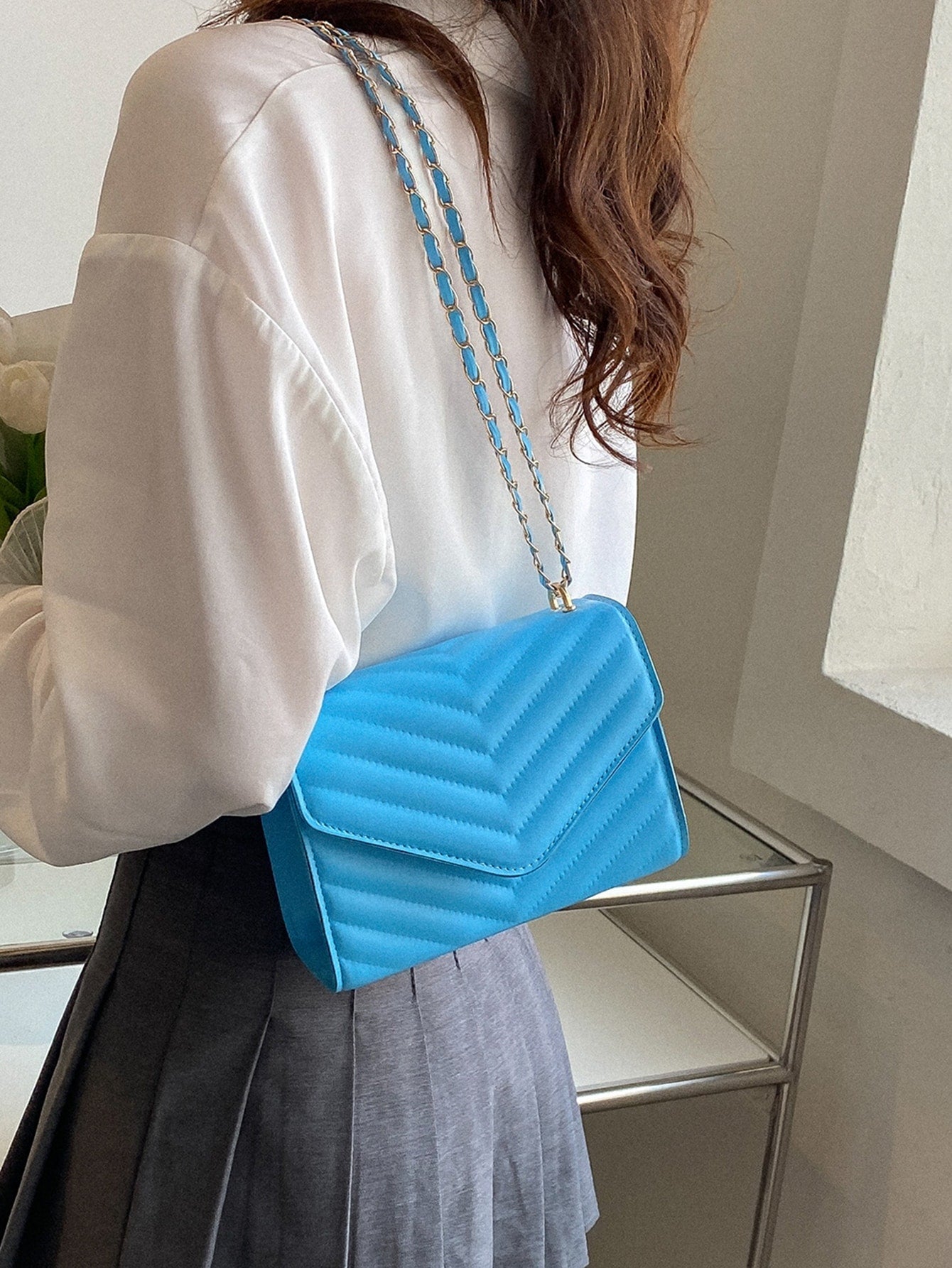 Square Bag with Chevron Snap Button