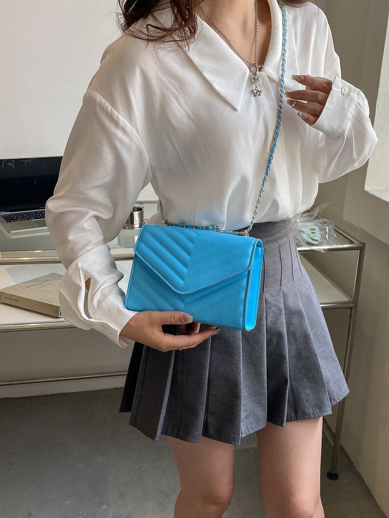 Square Bag with Chevron Snap Button
