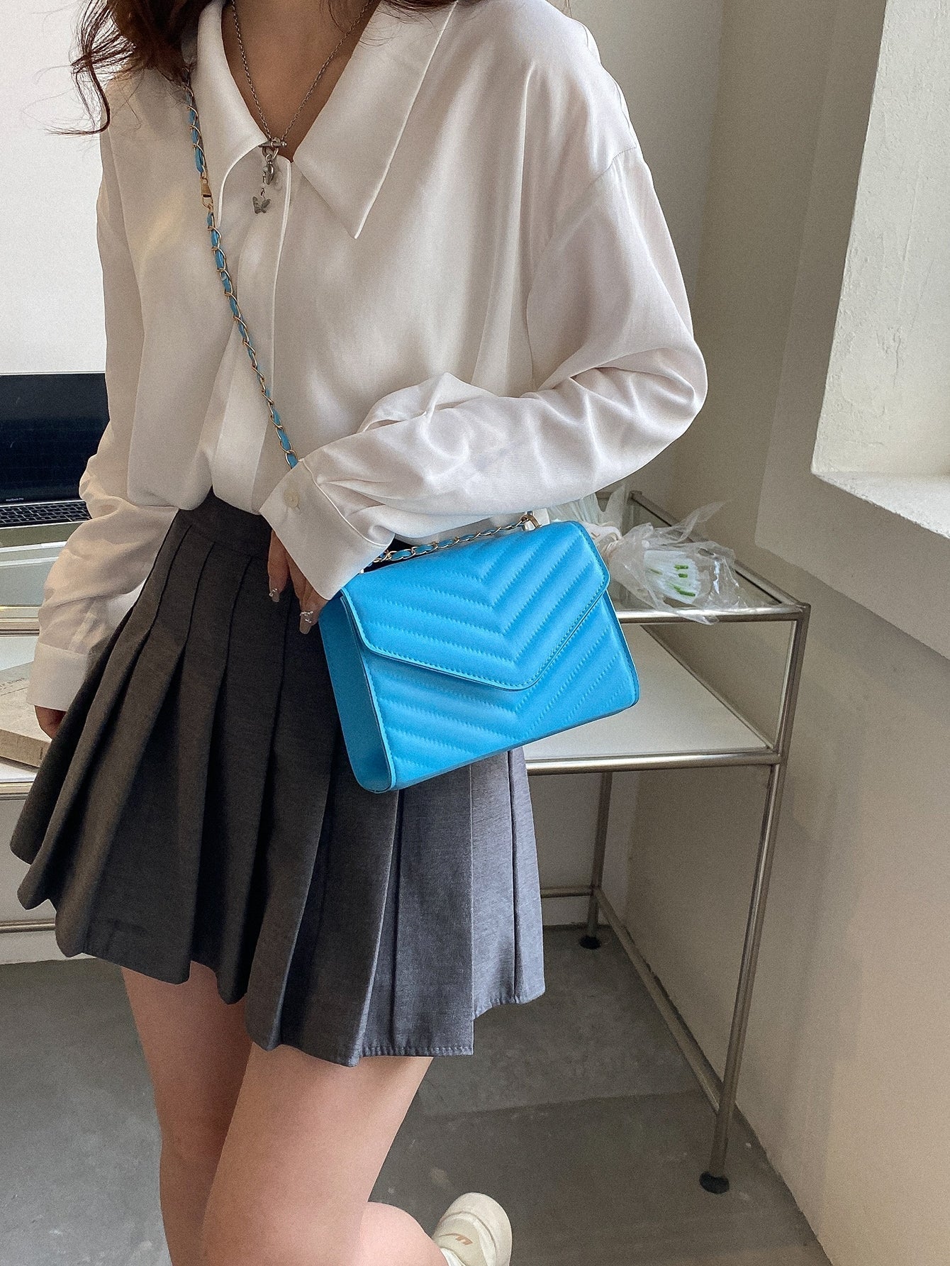 Square Bag with Chevron Snap Button