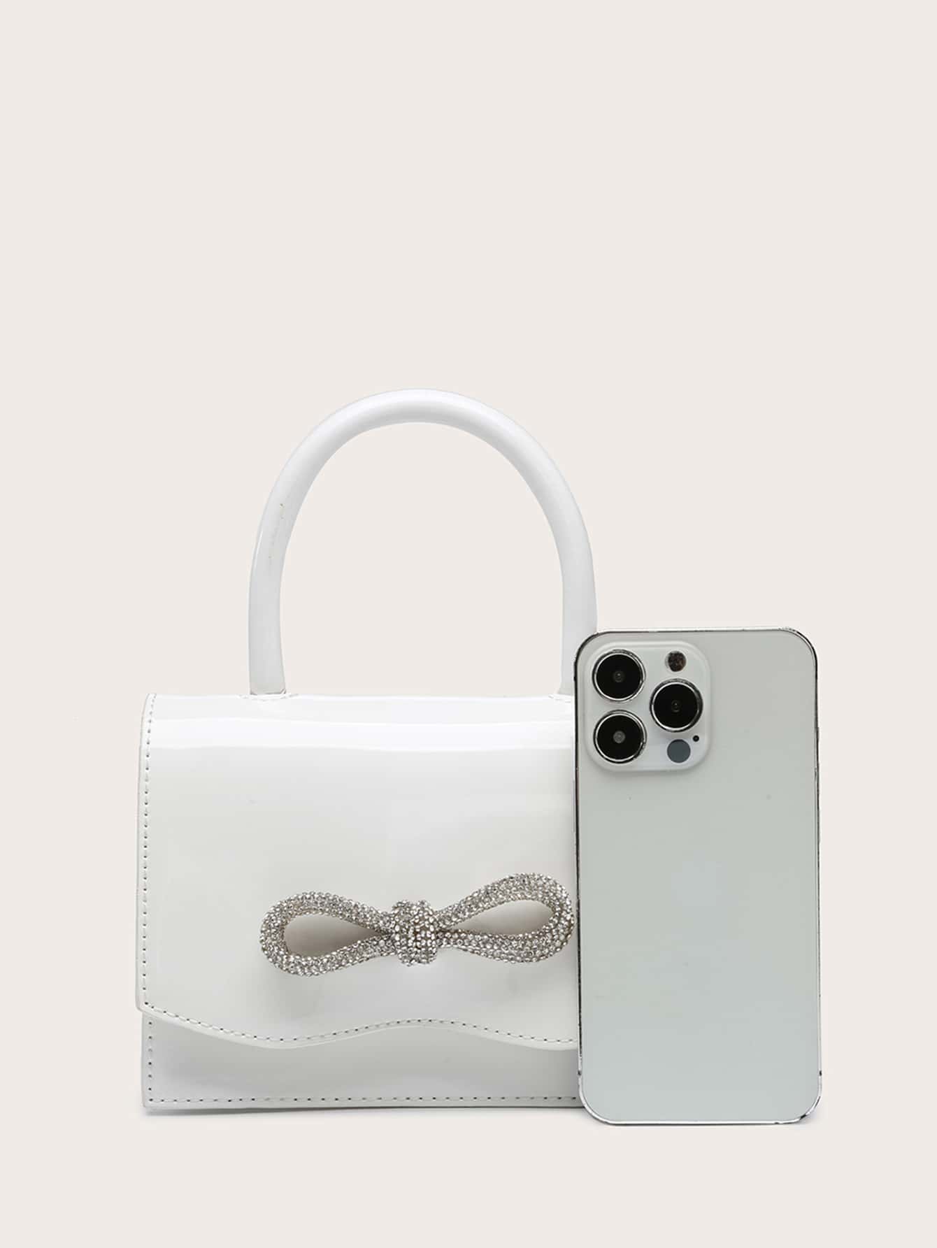 Square Bag with Mini Rhinestones and Bow Decor, PU Flap, for Daily Use