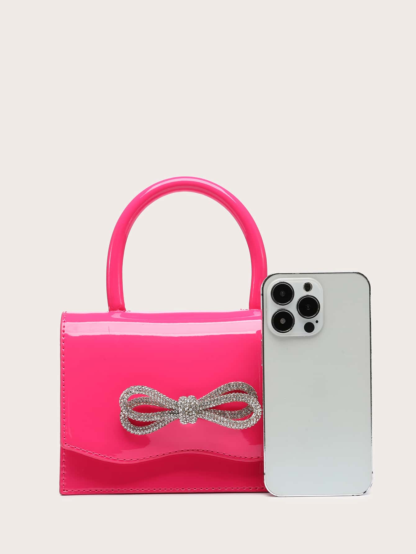 Square Bag with Mini Rhinestones and Bow Decor, PU Flap, for Daily Use