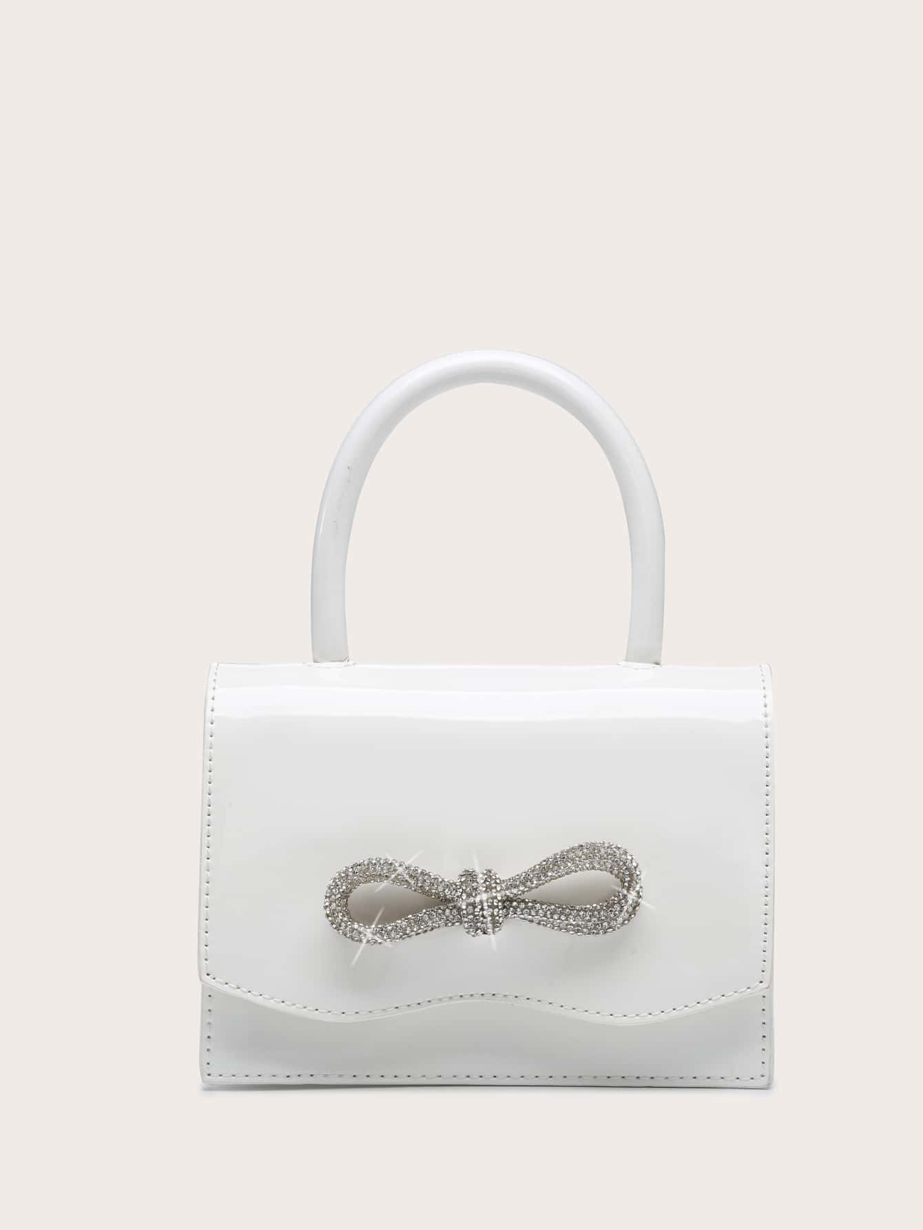 Square Bag with Mini Rhinestones and Bow Decor, PU Flap, for Daily Use