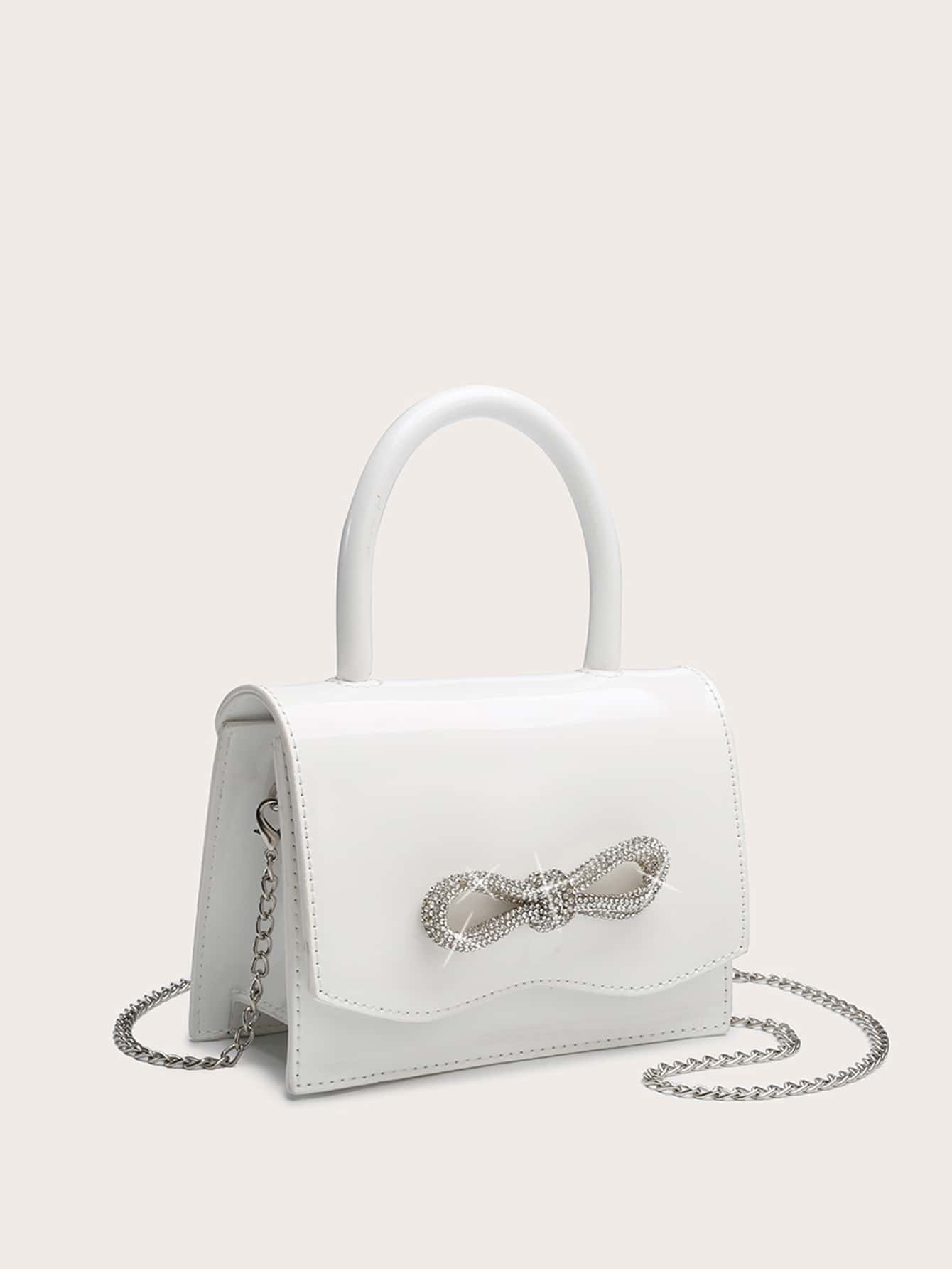 Square Bag with Mini Rhinestones and Bow Decor, PU Flap, for Daily Use