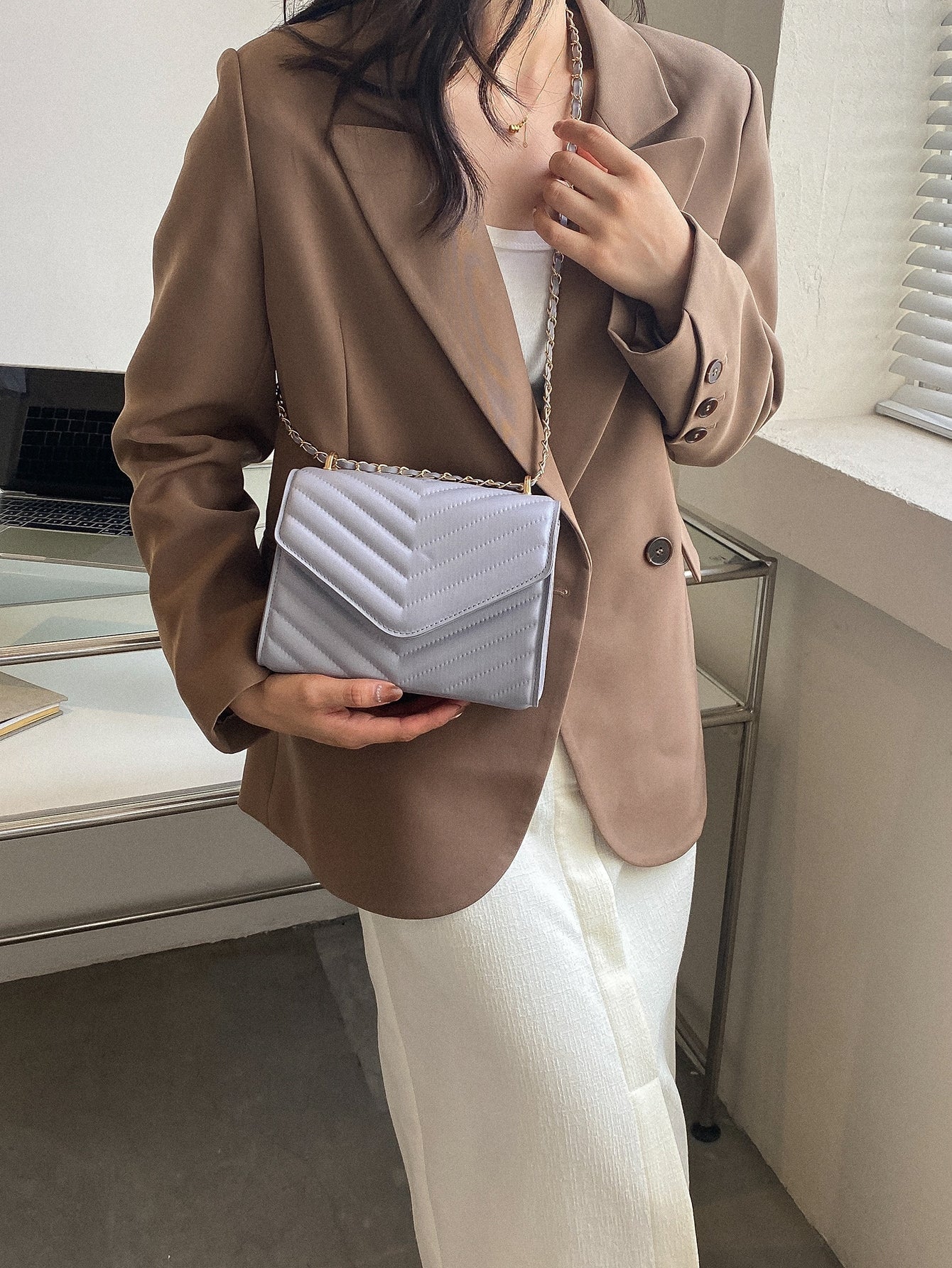 Square Bag with Chevron Snap Button