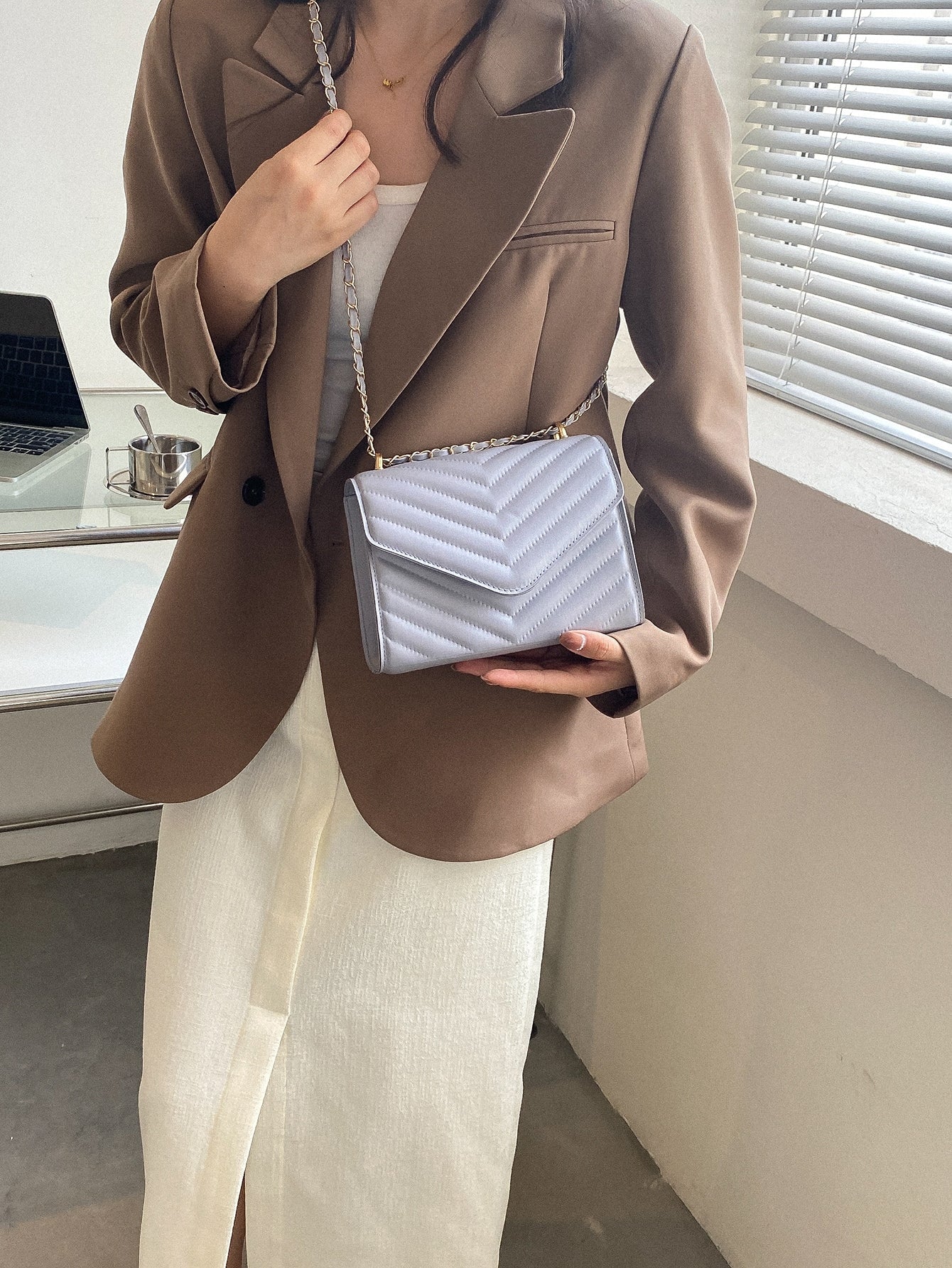 Square Bag with Chevron Snap Button