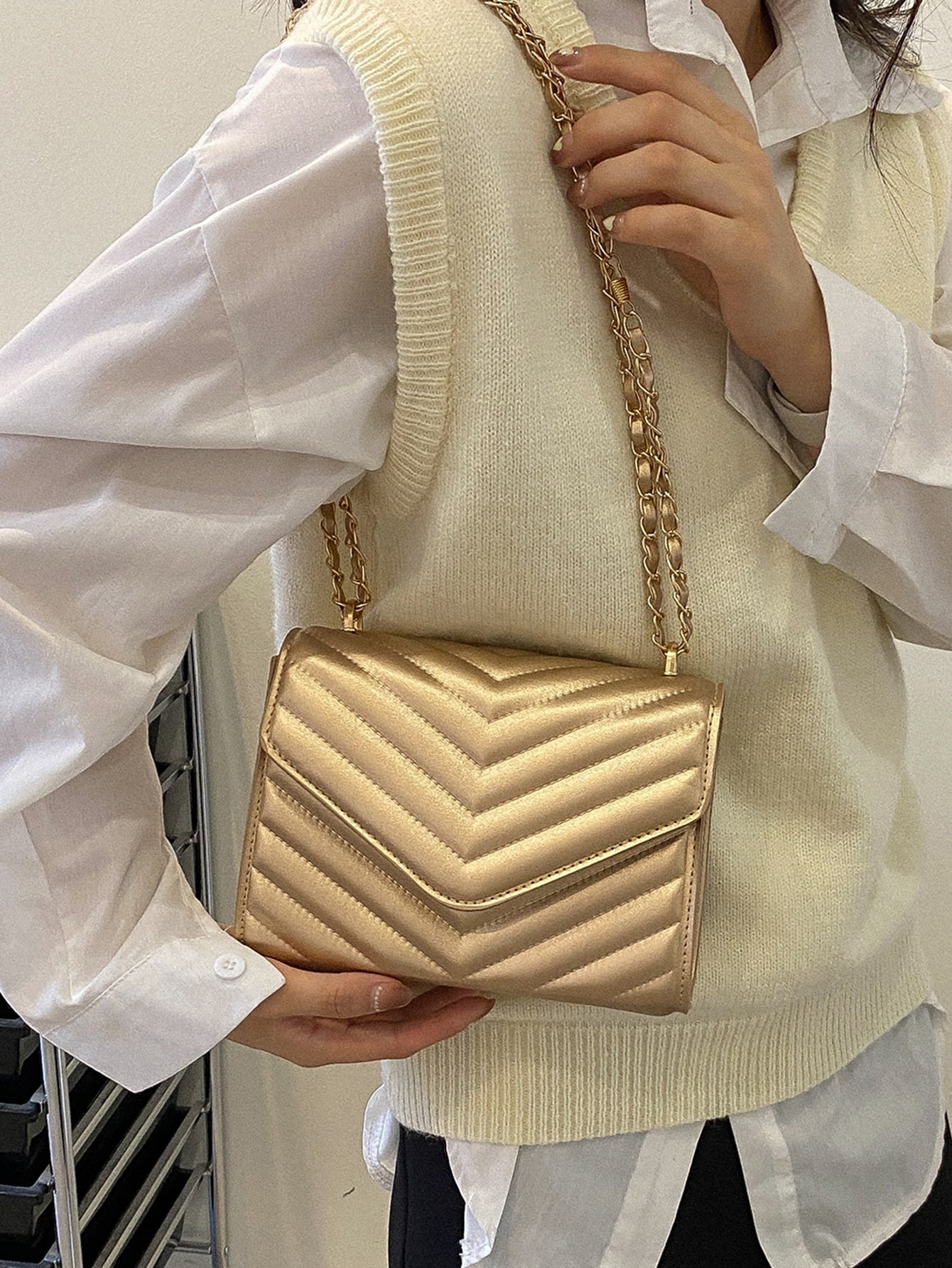 Square Bag with Chevron Snap Button