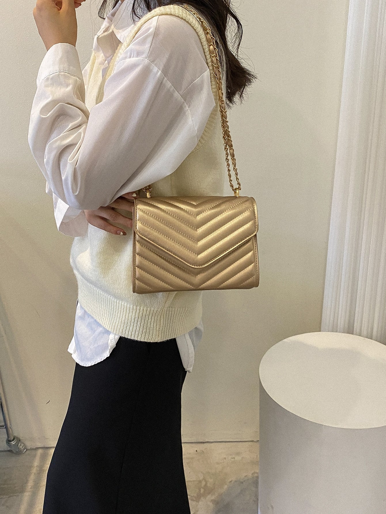 Square Bag with Chevron Snap Button