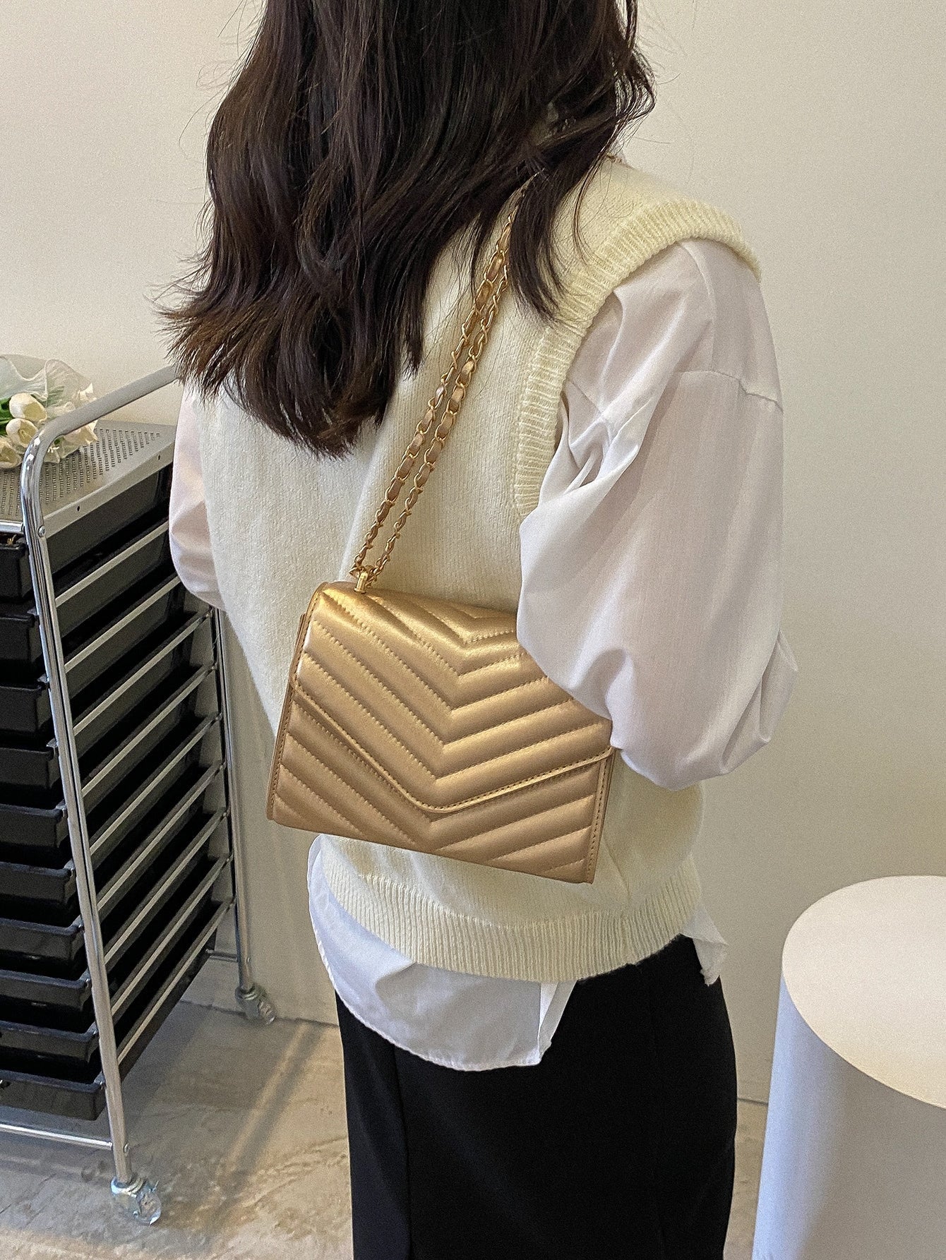 Square Bag with Chevron Snap Button