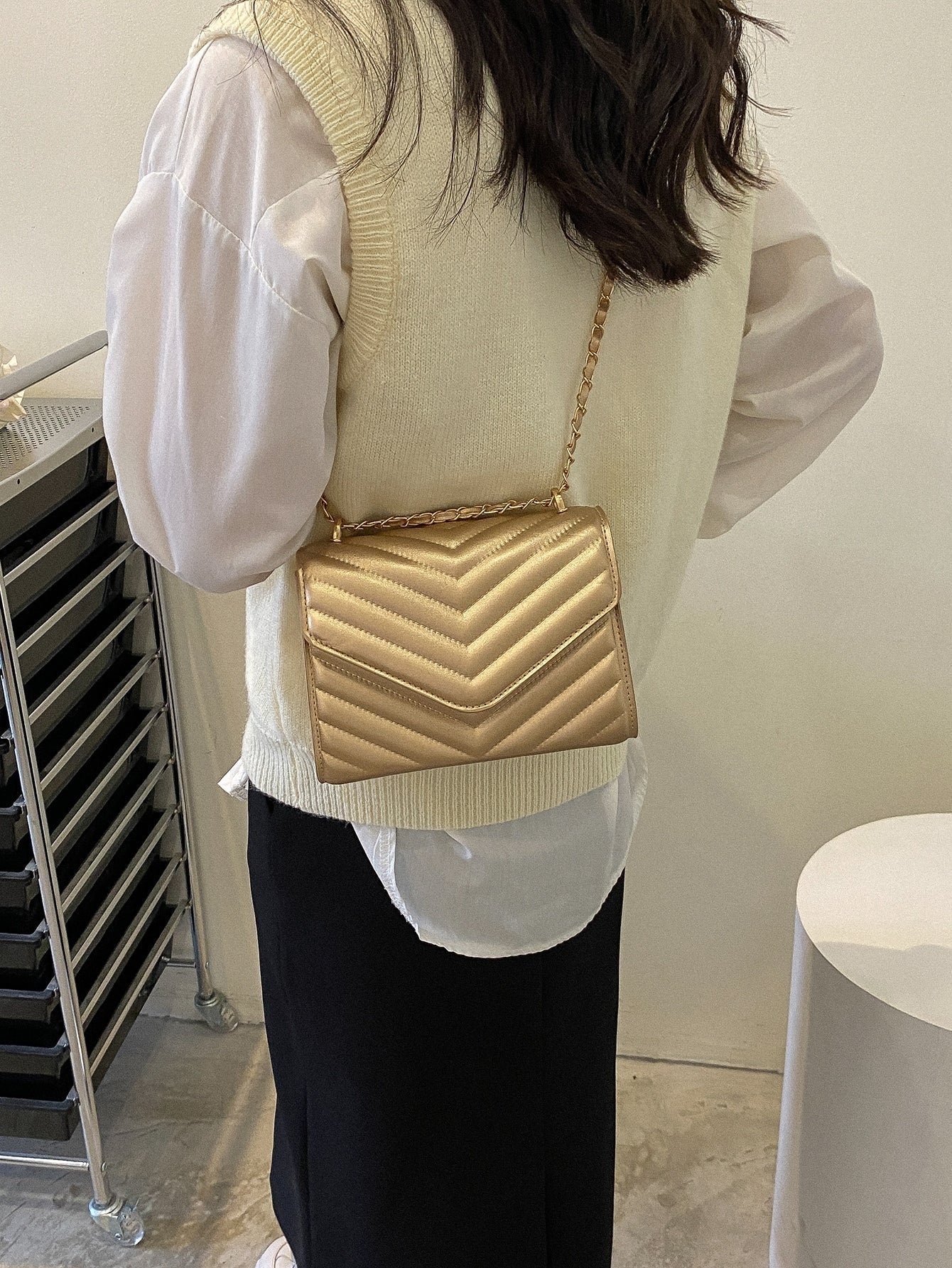 Square Bag with Chevron Snap Button