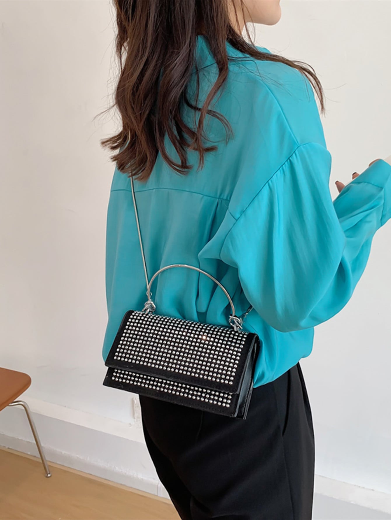 Square Bag with Mini Stud Decoration, Chain, Flap