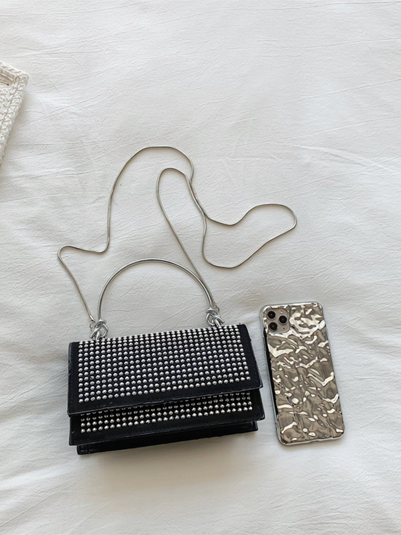 Square Bag with Mini Stud Decoration, Chain, Flap