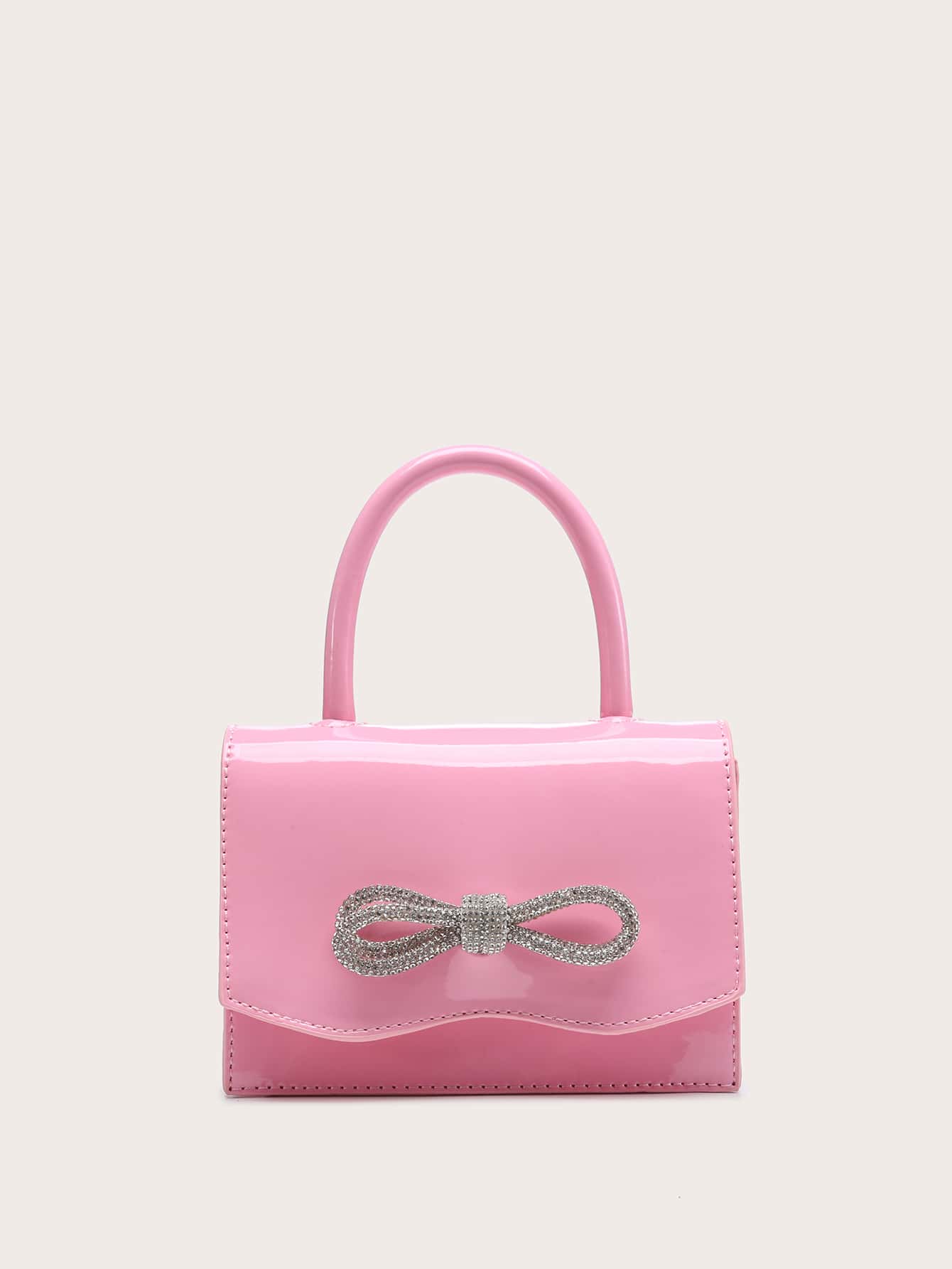 Square Bag with Mini Rhinestones and Bow Decor, PU Flap, for Daily Use