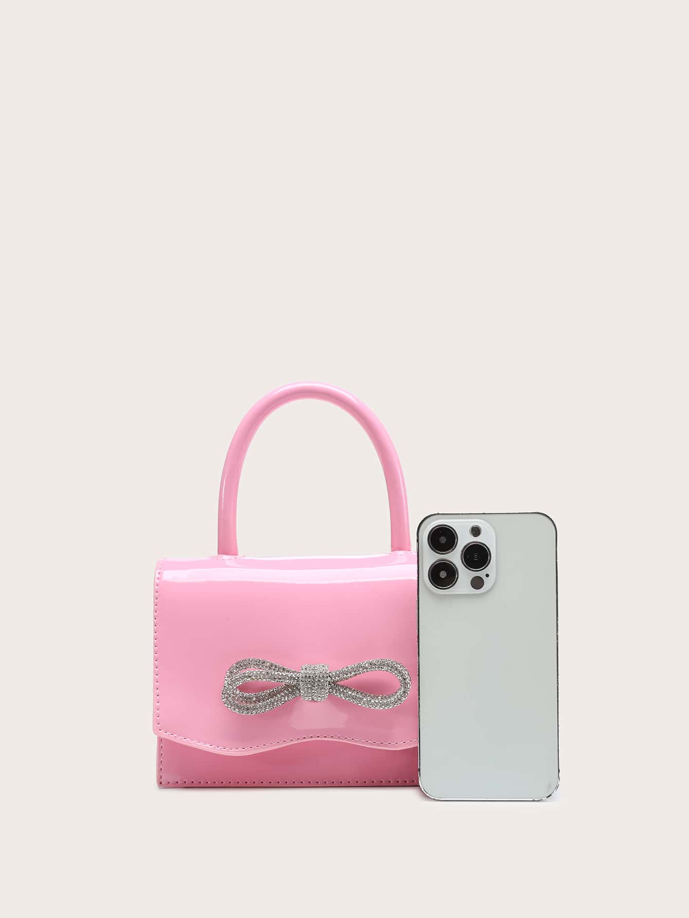 Square Bag with Mini Rhinestones and Bow Decor, PU Flap, for Daily Use