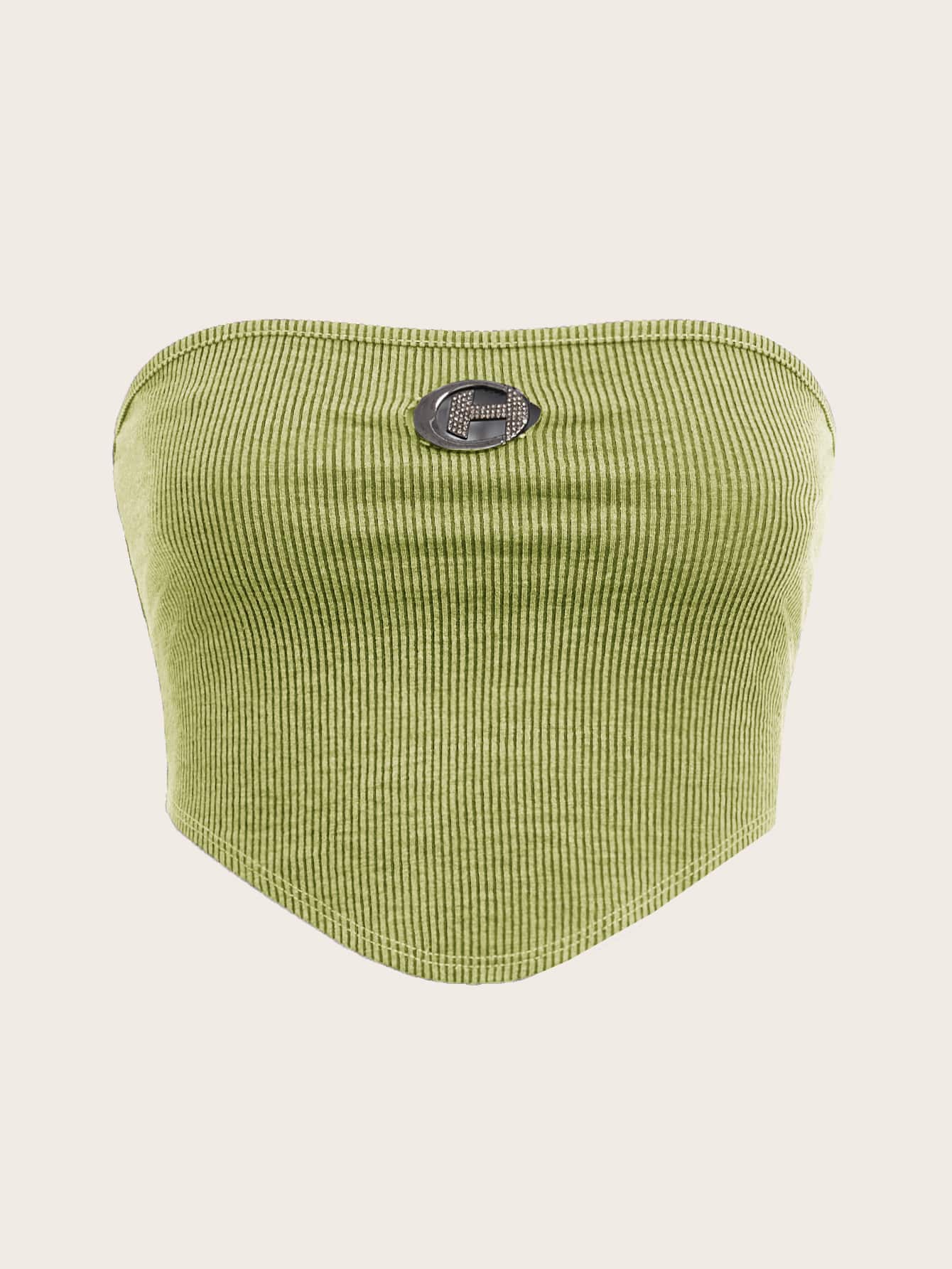 Crop Tube Top with Ribbed Knit, Rhinestones, Ring Decor, Bandana Hem