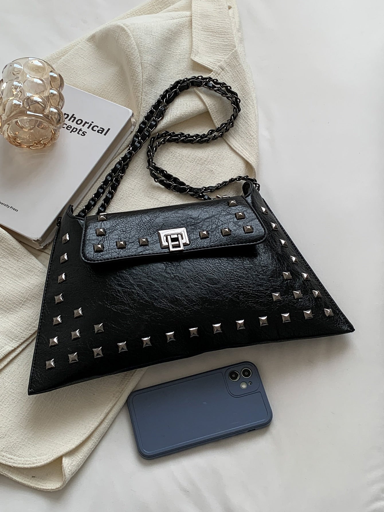 Square Bag with Stud Decoration, Flap