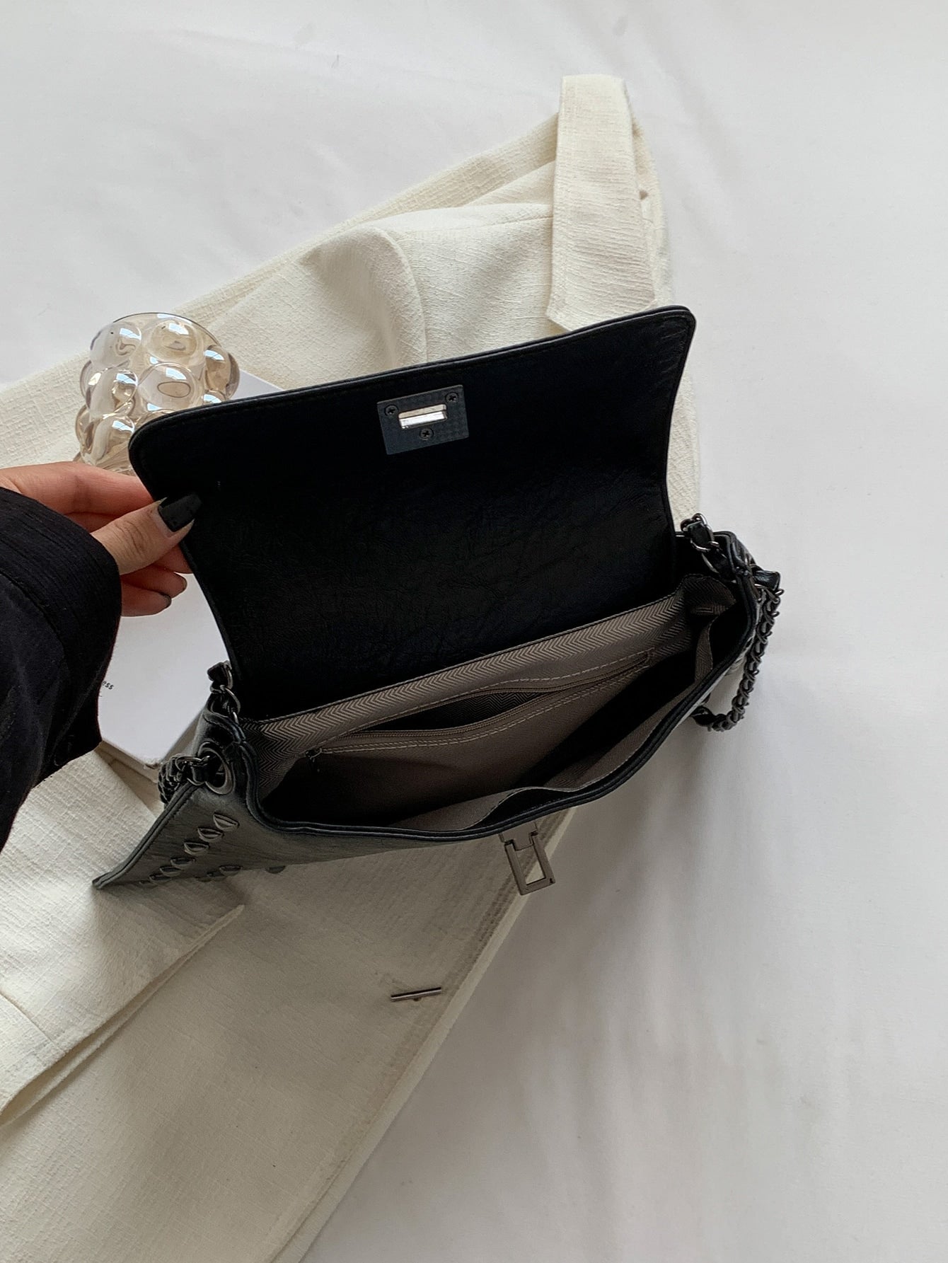 Square Bag with Stud Decoration, Flap