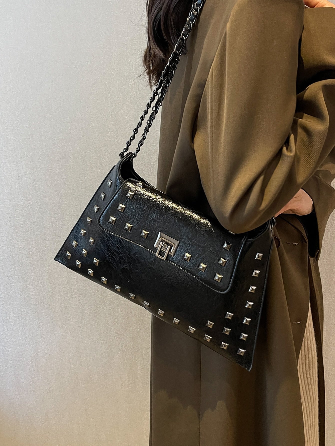 Square Bag with Stud Decoration, Flap