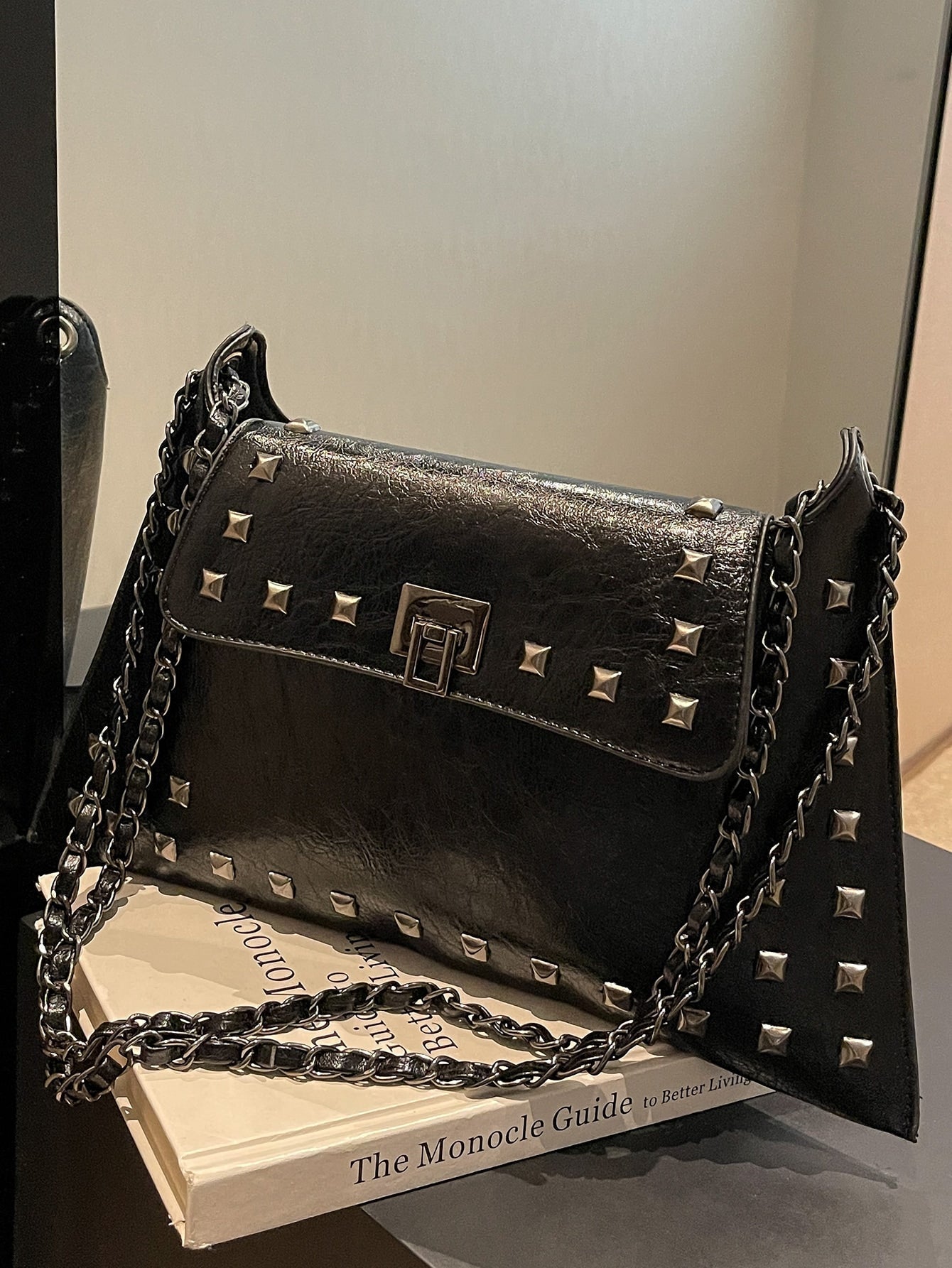 Square Bag with Stud Decoration, Flap