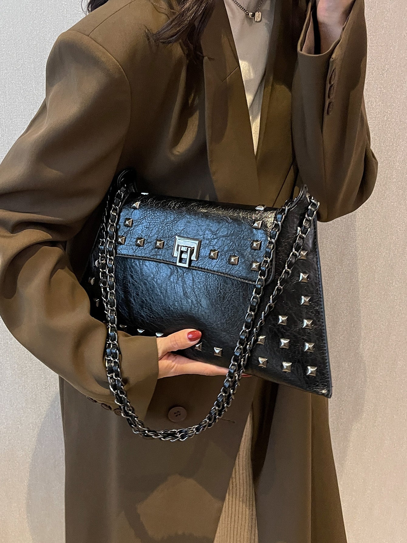 Square Bag with Stud Decoration, Flap
