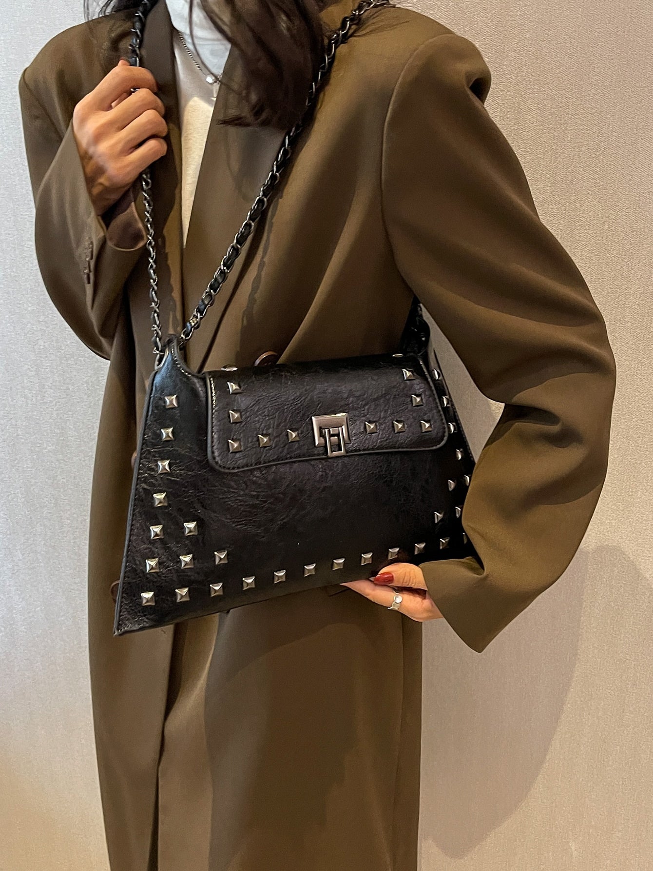 Square Bag with Stud Decoration, Flap