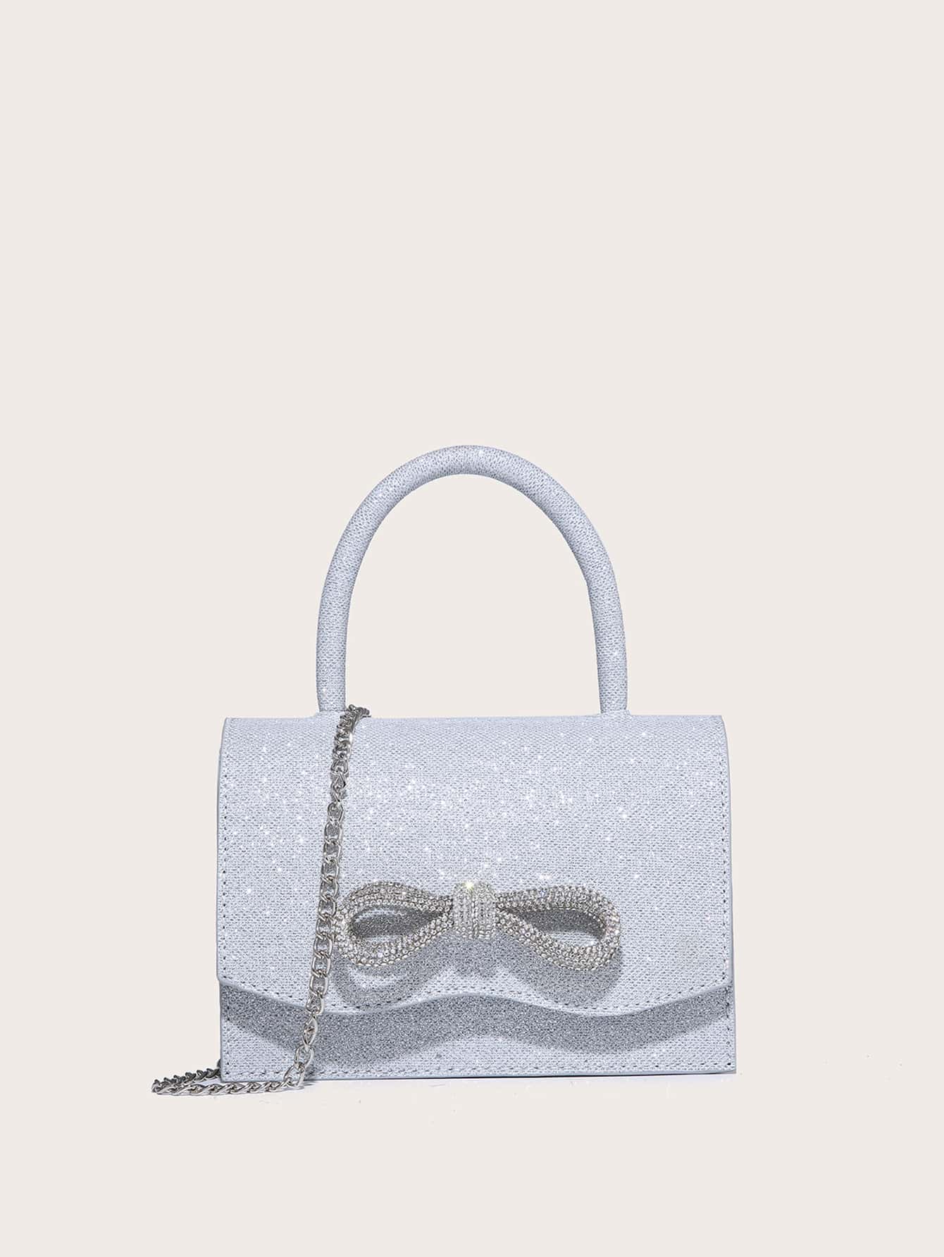 Square Bag with Mini Rhinestones and Bow Decor, PU Flap, for Daily Use