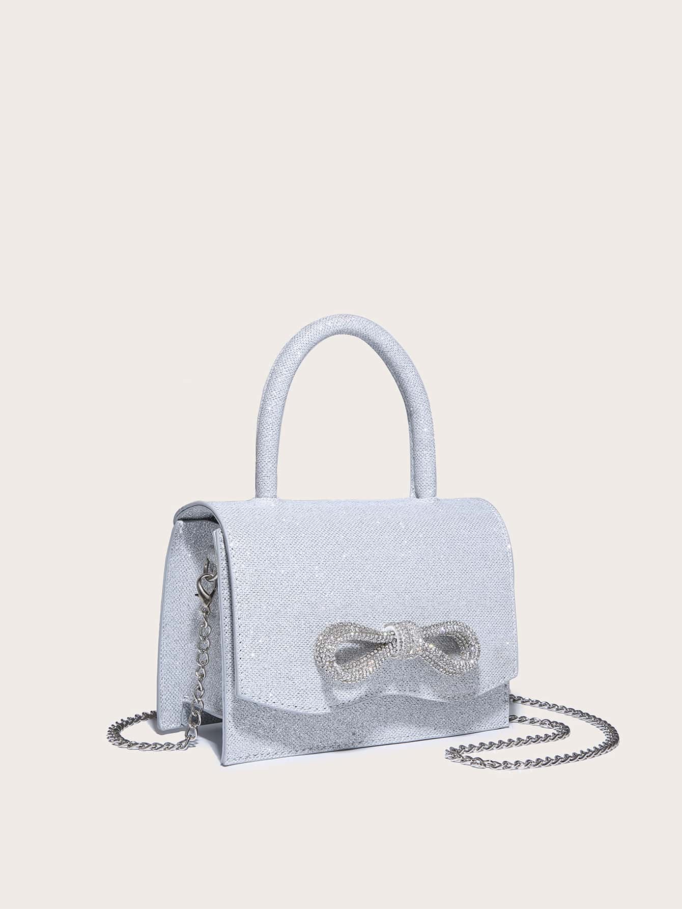 Square Bag with Mini Rhinestones and Bow Decor, PU Flap, for Daily Use