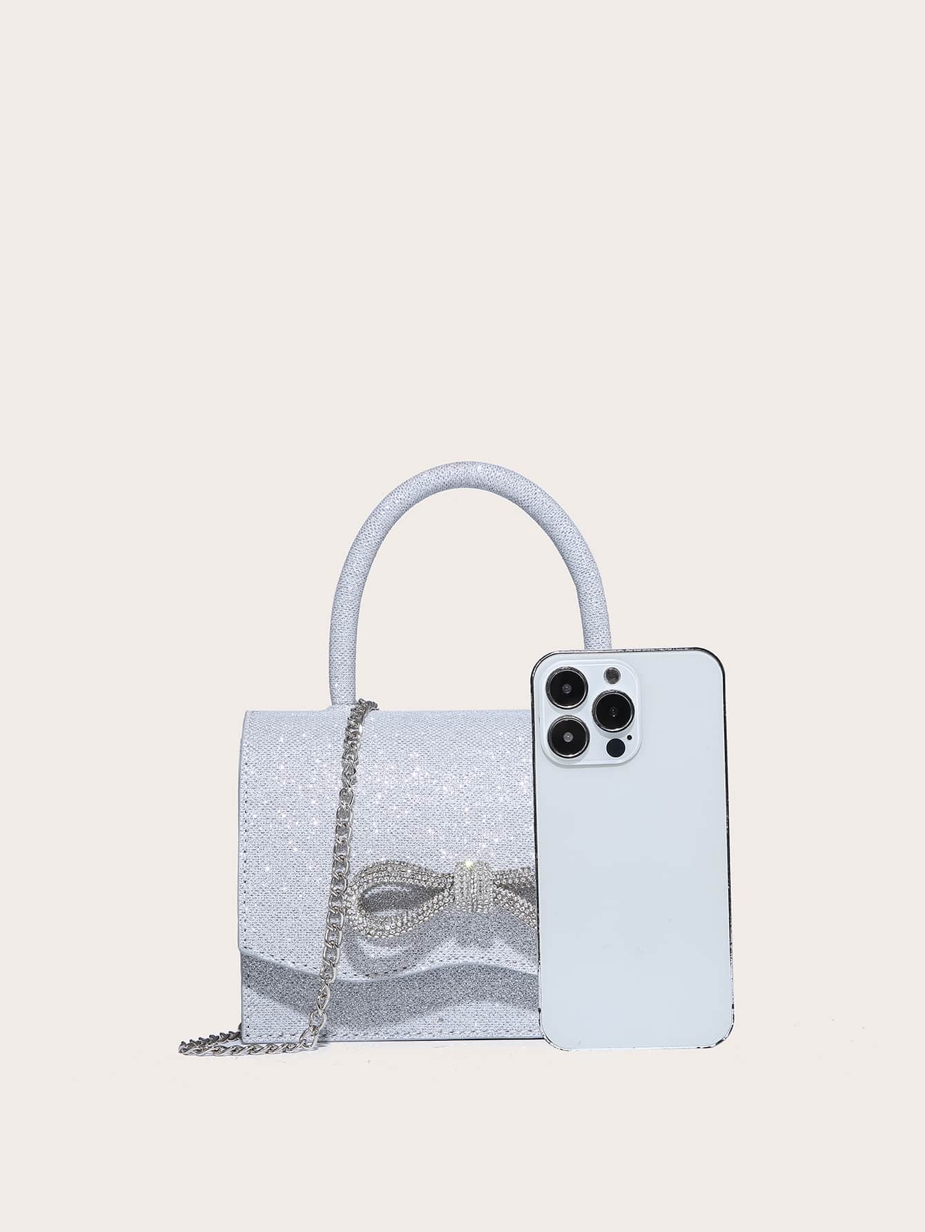 Square Bag with Mini Rhinestones and Bow Decor, PU Flap, for Daily Use