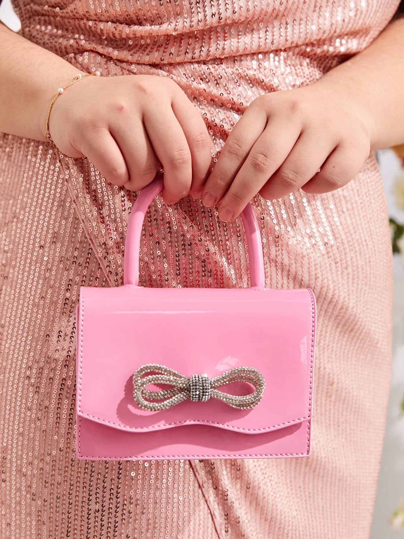 Square Bag with Mini Rhinestones and Bow Decor, PU Flap, for Daily Use